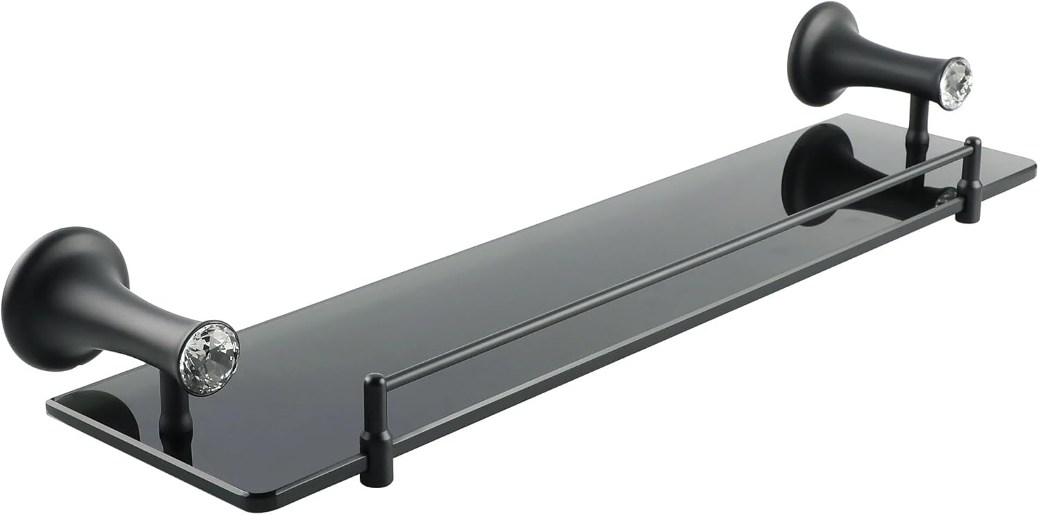 Shower Caddy 50cm Bathroom Glass Shelf, Bath Shower Shelf Holder, Single Layer Glass Storage Rack, Wall Mount with Crystal Head Bathroom Shelves Bathroom Organizer (Color : Matte Black)