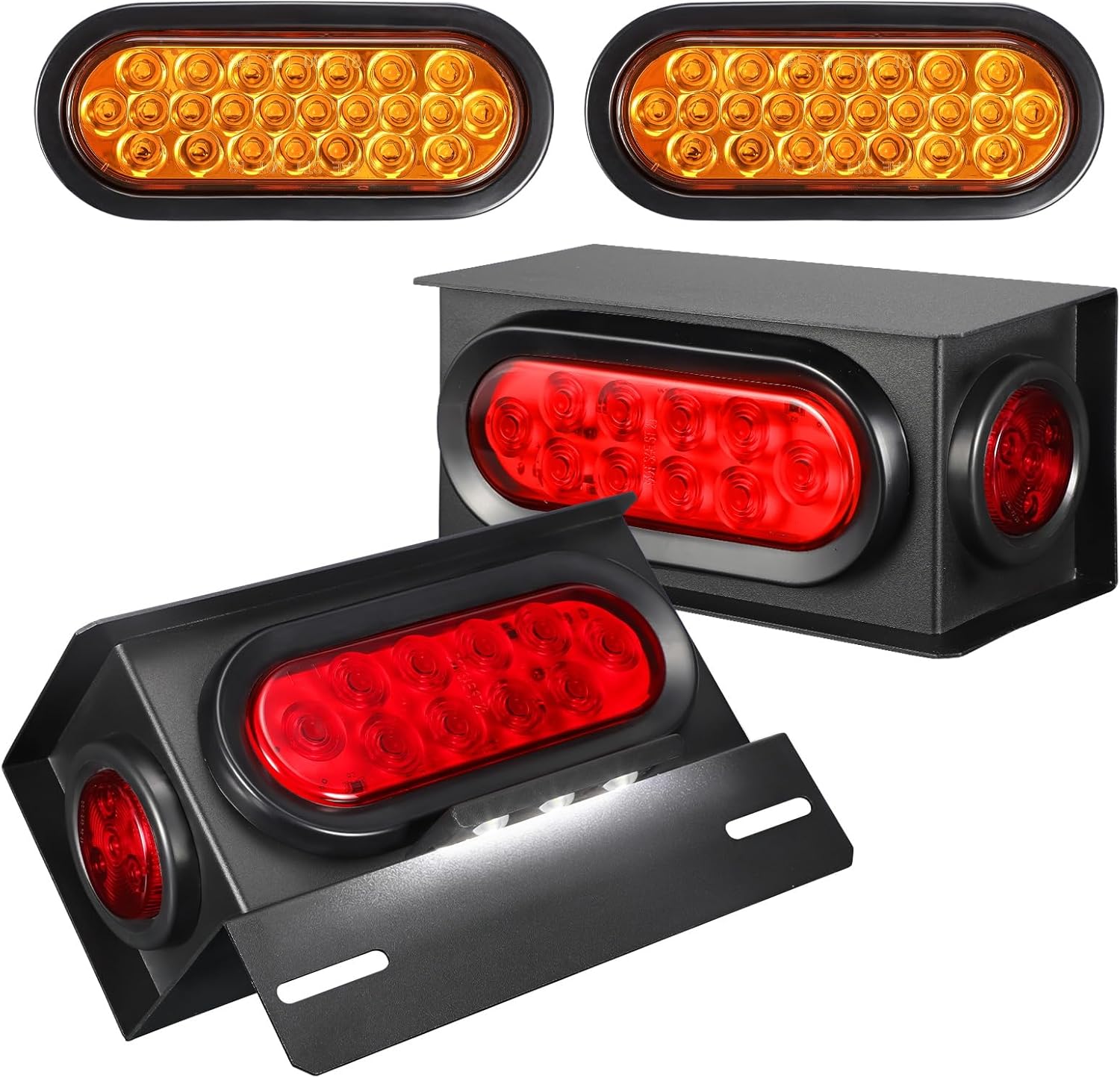 Partsam LED Steel Trailer Light Box Housing Kit W/Oval Trailer Tail Lights, Round Side Markers, License Plate Light, 2x LED Oval Amber Strobe Lights 24LED