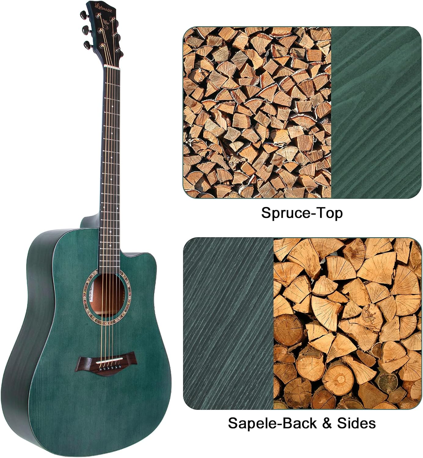 Acoustic Guitar,41 Inch Professional Cutaway Folk Guitarra Bundle 6 Metal Strings with Beginner Kit Gig Bag Tuner Strap Picks,Strings Capo Mute Clean cloth