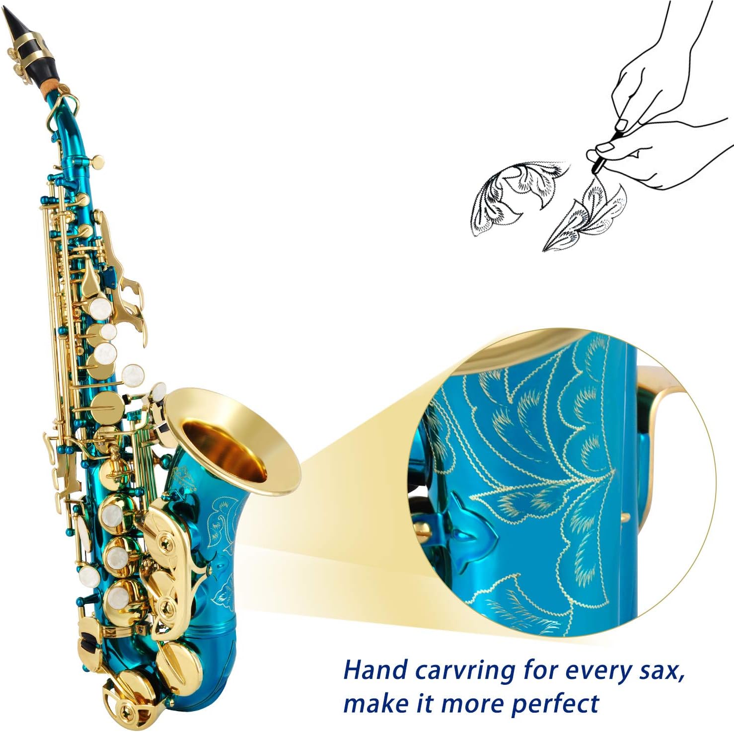 EASTROCK Soprano Saxophone Curved Bb Flat blue Sax Instruments for Beginners Intermediate Players with Carrying Case,Mouthpiece,Pads,Reed,Cleaning kit,neck Strap,White Gloves