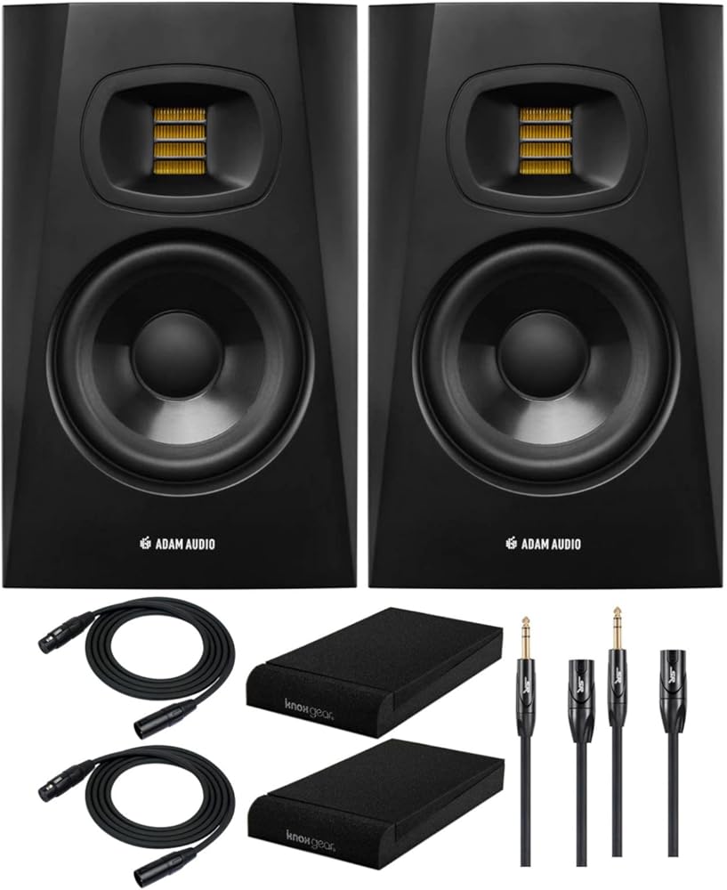 ADAM Audio T8V 8-Inch Powered Studio Monitor (2-Pack) Bundle with Isolation Pads (2-Pack) and FocusProAudio Cables (7 Items)