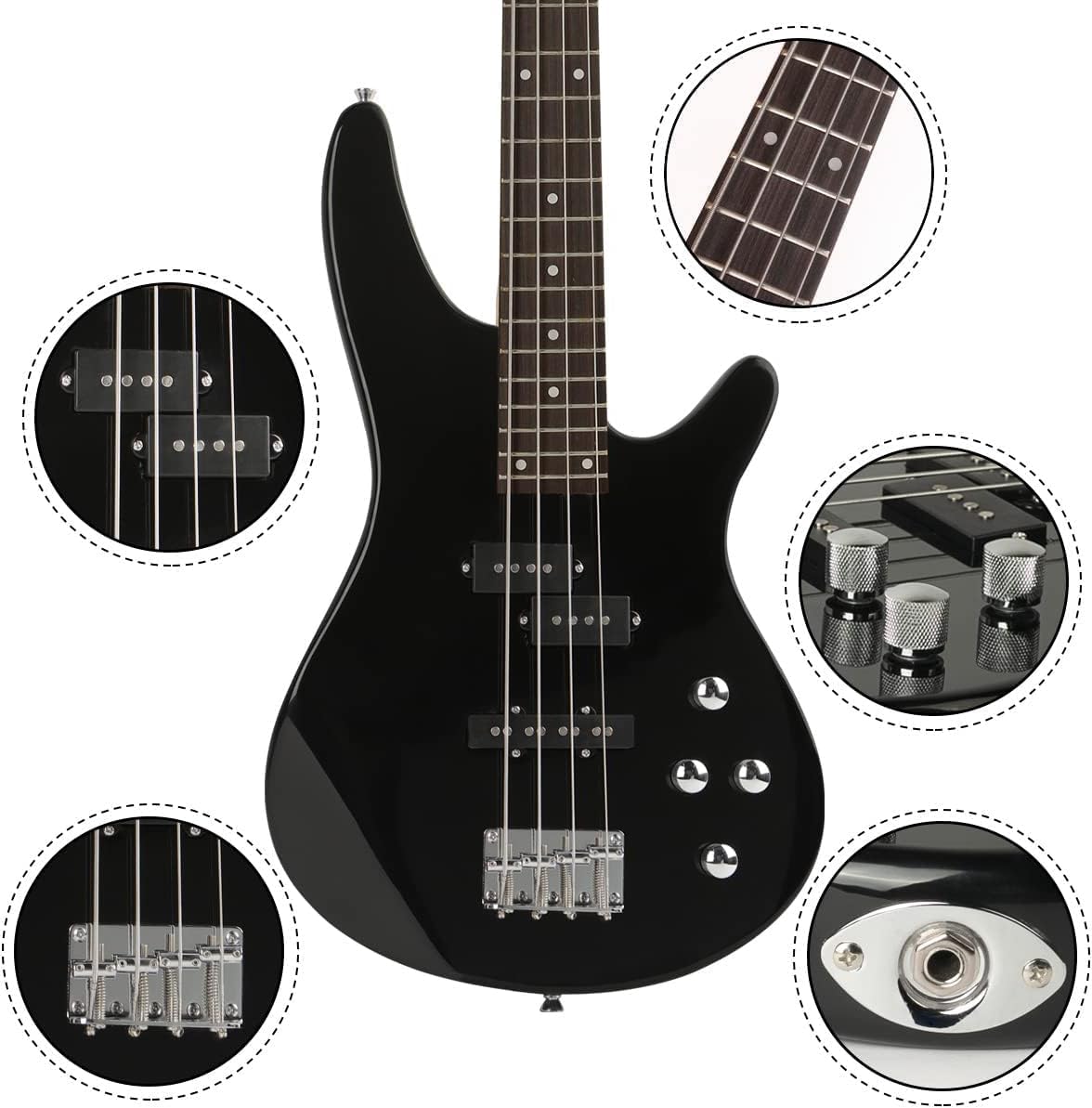 Electric Bass Guitar 4 Strings Full-Size Standard Bass PB-Style Beginner Kit Black for Starter with Gig Bag Guitar Strap and Guitar Cable (IB-black)
