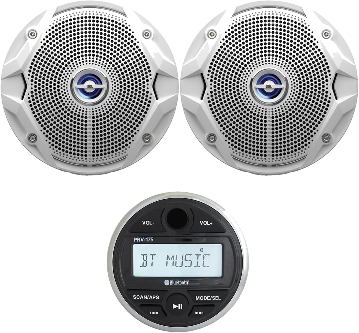 JBL PRV-175 Marine Boat Yacht 180W Media USB AUX Gauge Style Bluetooth Stereo Receiver Bundle With 2 X MS6510 6.5