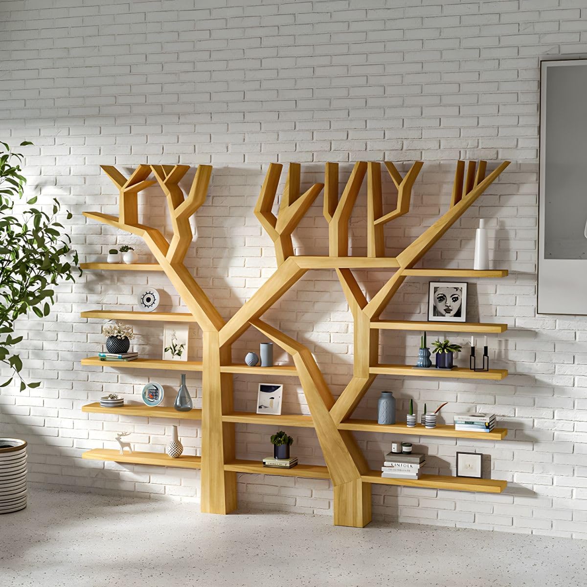 CraftThink Wall Mount Wood Bookcase, Modern Tree Design Wall Storage with 28 Shelves & Open Back in Vertical Design for Living Room, Office, and Bedroom- Natural 55