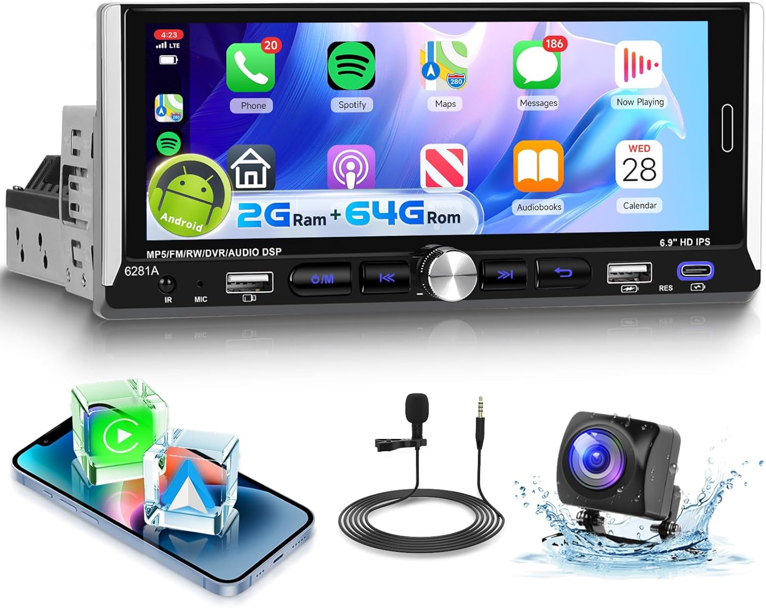 2G+64G Android Car Stereo with Wireless CarPlay Android Auto, 6.9 Inch Single DIN Touch Screen Radio with Bluetooth GPS Navi WIFI, Car Radio Mirror Link Steering Wheel Control FM/RDS EQ USB Backup Cam