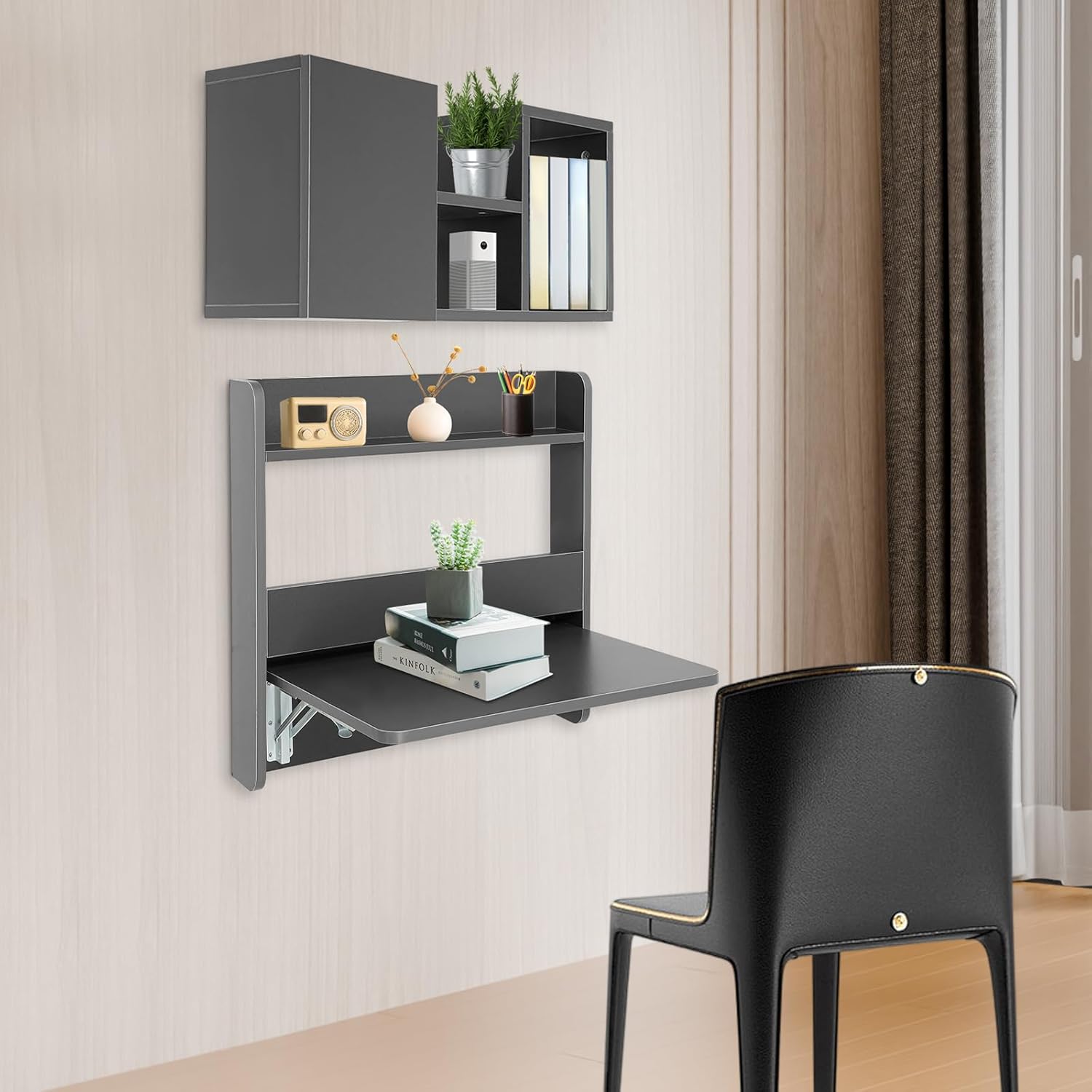 Folding Wall Desk, Wood 2-Tier Wall Mounted Writing Table, Kids Floating Bookshelf Fold Down Wall Mount Laptop Desk for Small Saving Spaces, Corner Floating Desk for Small Spaces (Grey)