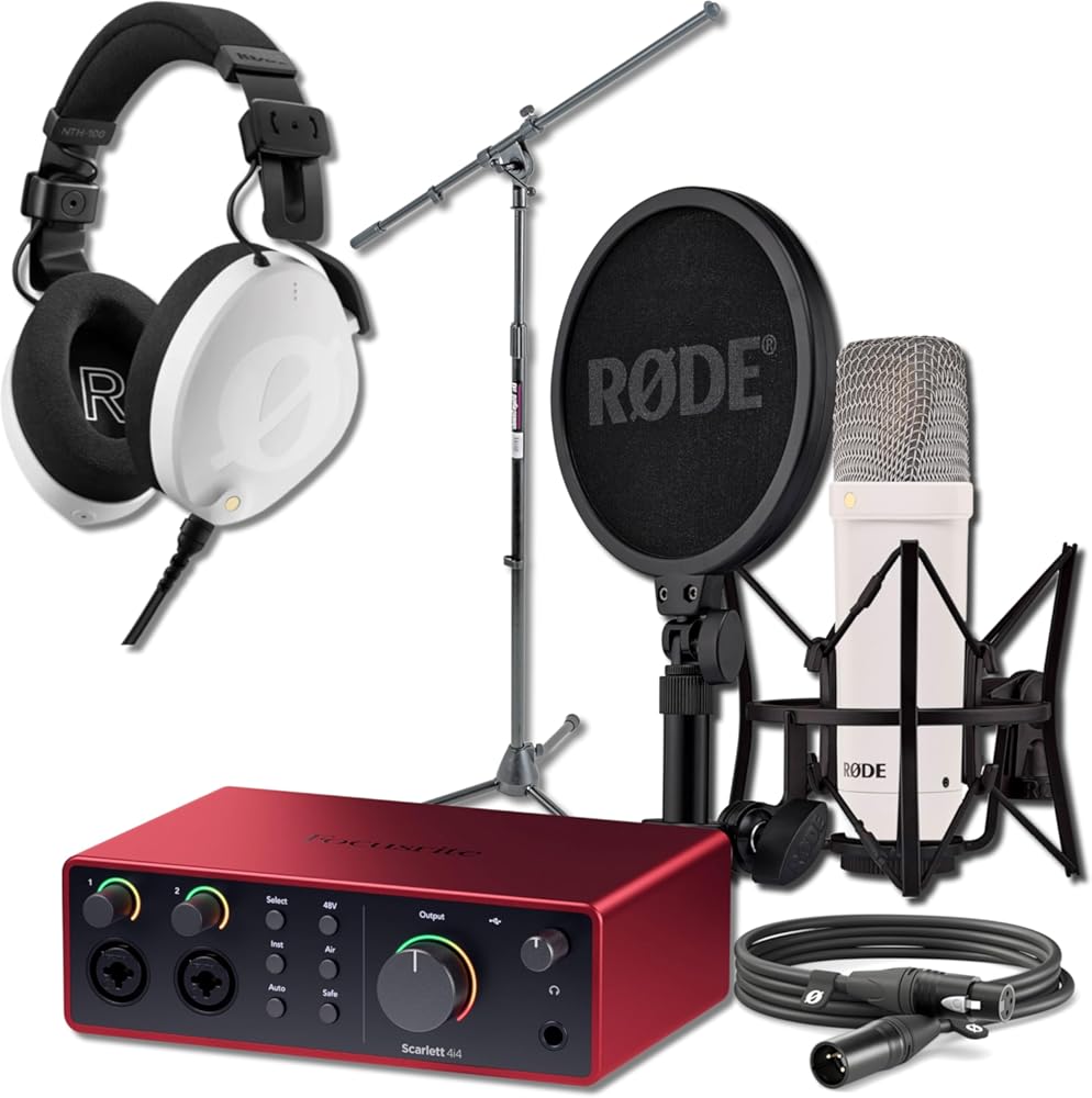 Rode NT1 Signature Series Condenser Microphone (White) with Scarlett 4i4 4th Gen USB Audio Interface, White NTH-100 Professional Over-Ear Headphones and On-Stage MS7701B Boom Microphone Stand