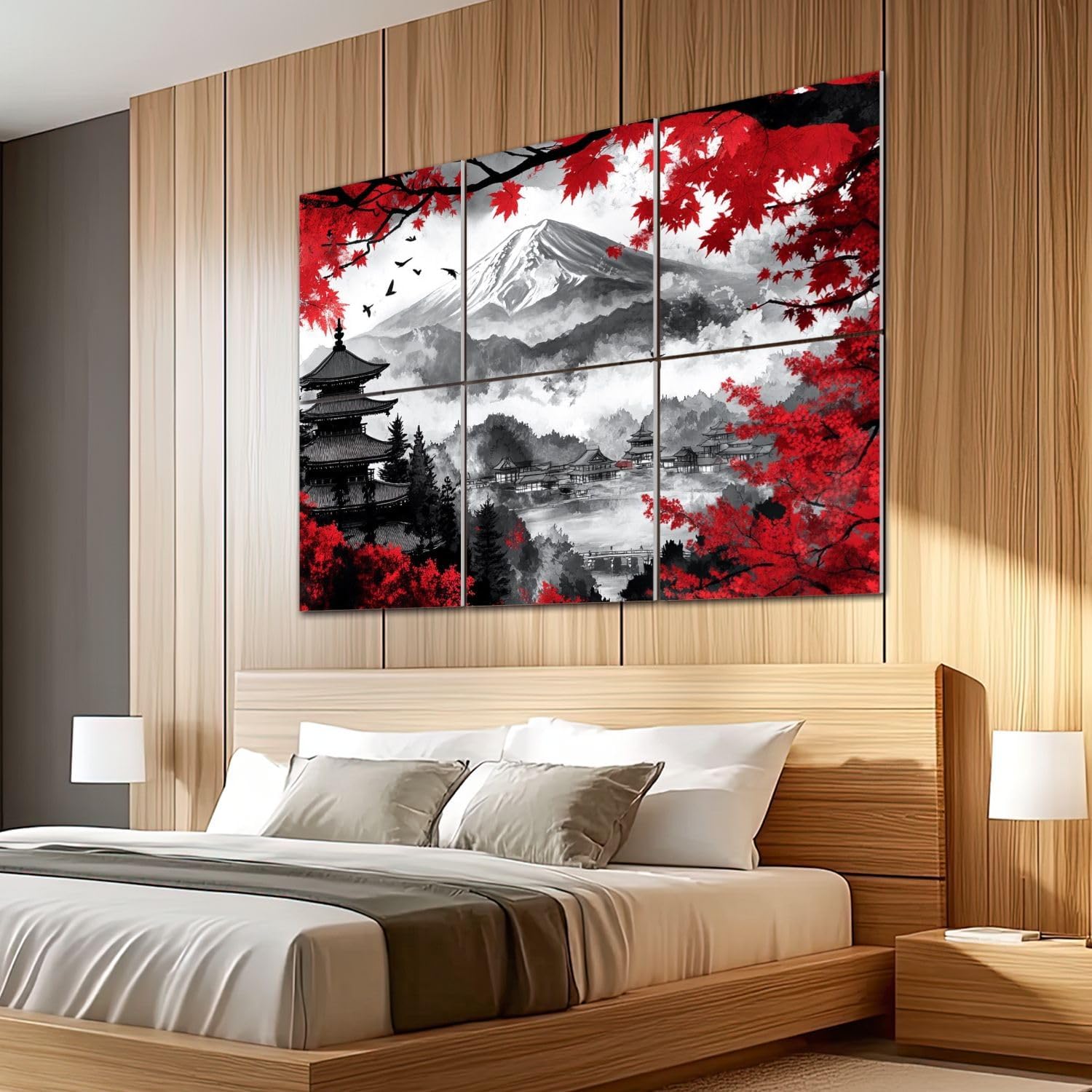 6 Pack Art Acoustic Panels Sound Absorbing Black And White Pop Of Red Japanese Temple Autumn Fall Landscape Mount Decorative Soundproof Wall Panels Self Adhesive for Recording Studios Office 72