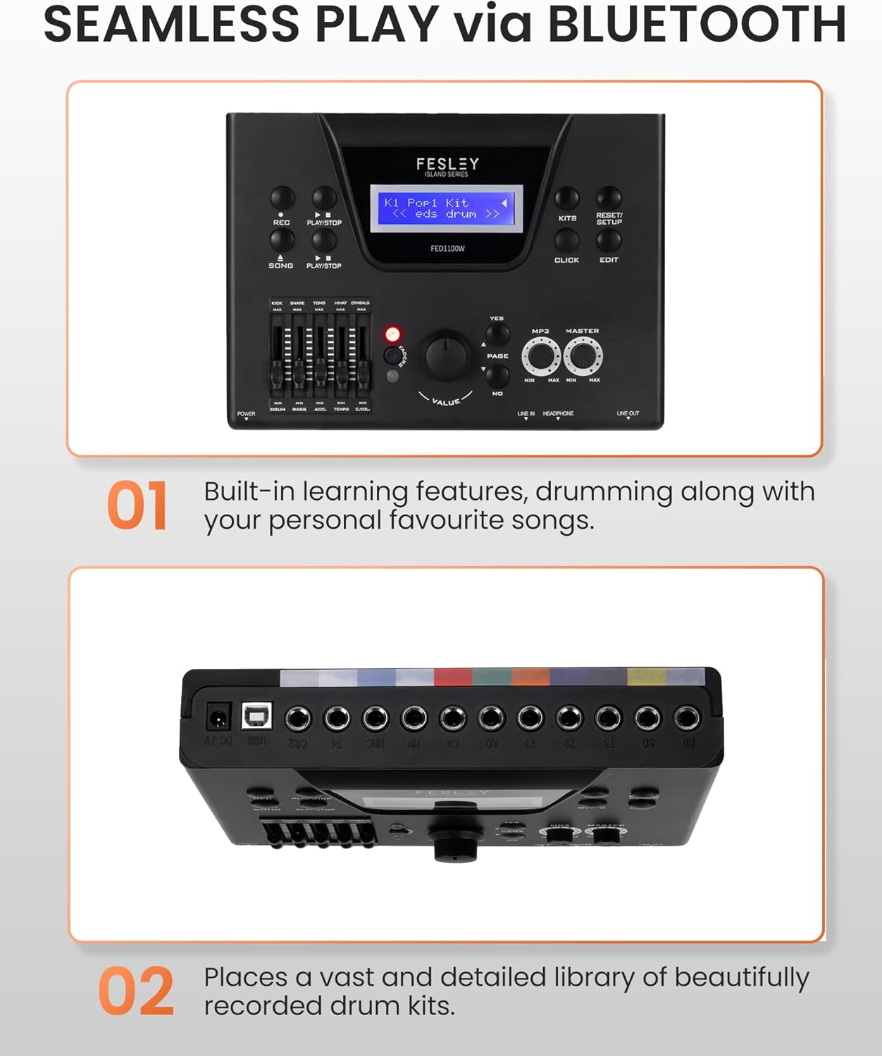 Fesley Electric Drum Set with Independent Kick Snare Drum HiHat Cymbal: Real Sample Sound Source, Bluetooth Electronic Drum Set with Dual Zone Mesh Drum Pad, Dual Zone Cymbal Full Size Adult Drum Set