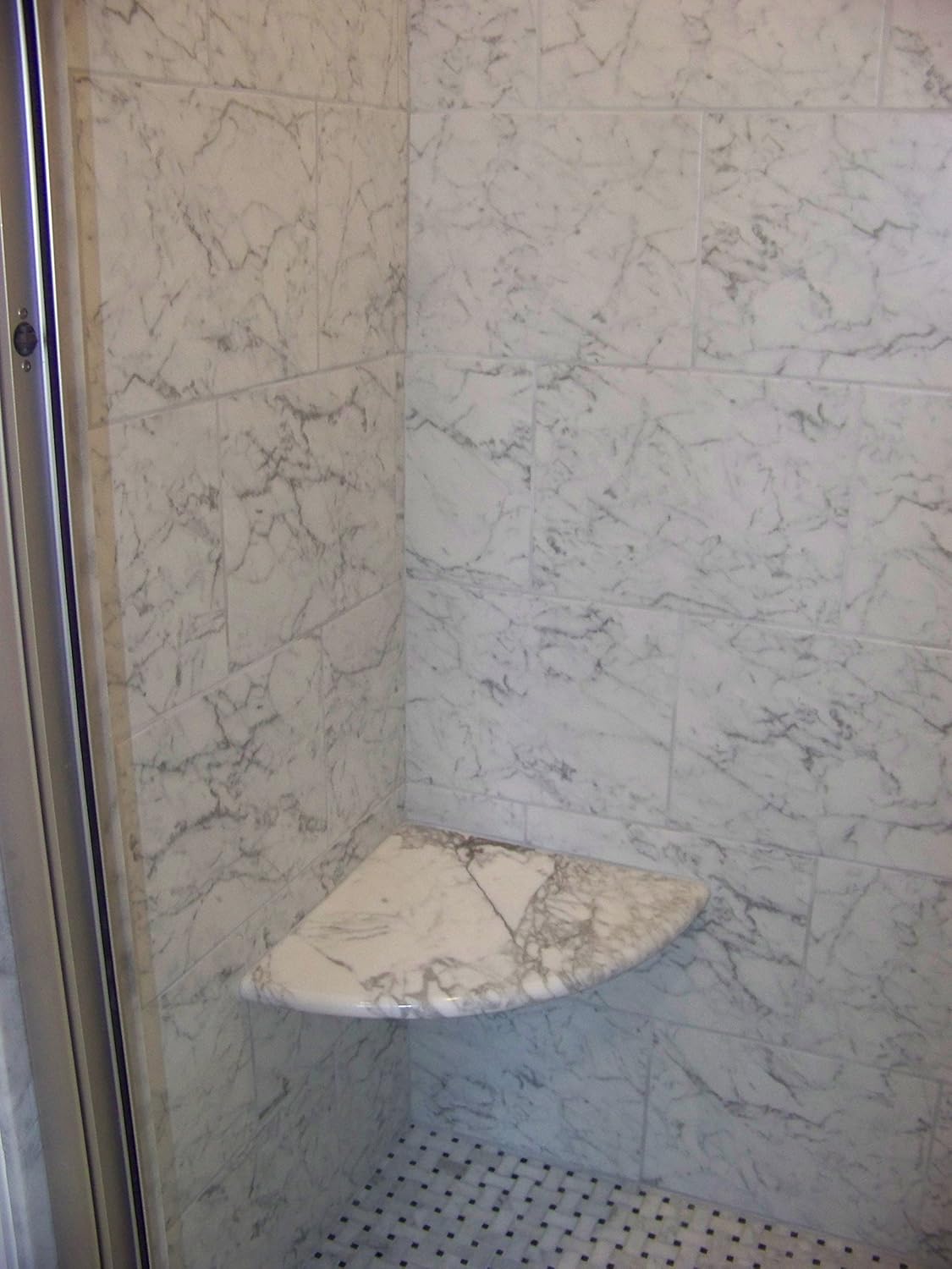 Tenedos Italian White Carrara Marble Polished 18'' Corner Solid Surface Wall Mount Shower Seat