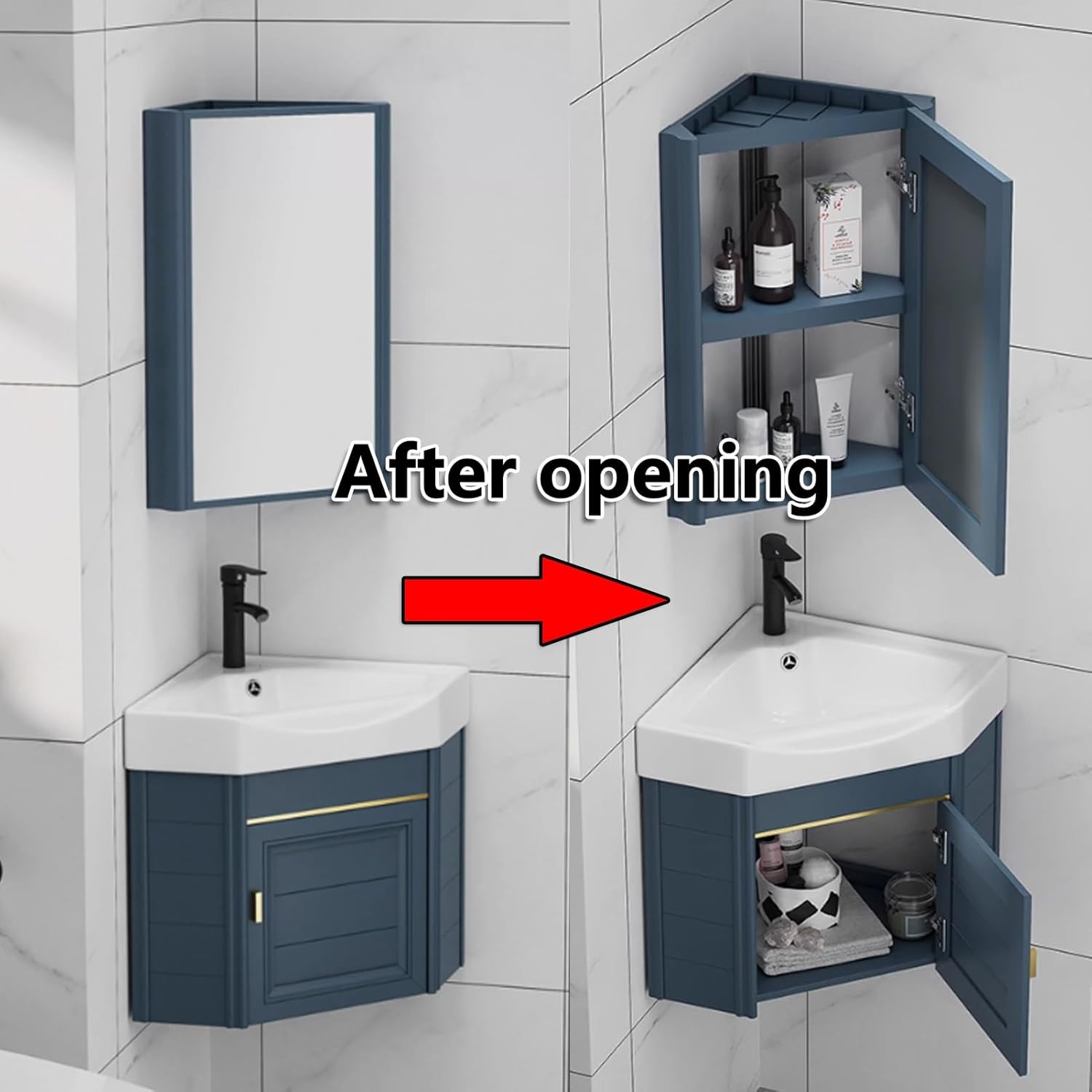 Corner Bathroom Sink,Floating Bathroom Vanity with Sink,Corner Bathroom Vanity Sink Combo,Wall Mount Sink,Compact Bathroom Sink,Bathroom Cabinet with Faucet and Drain,for Small Spaces