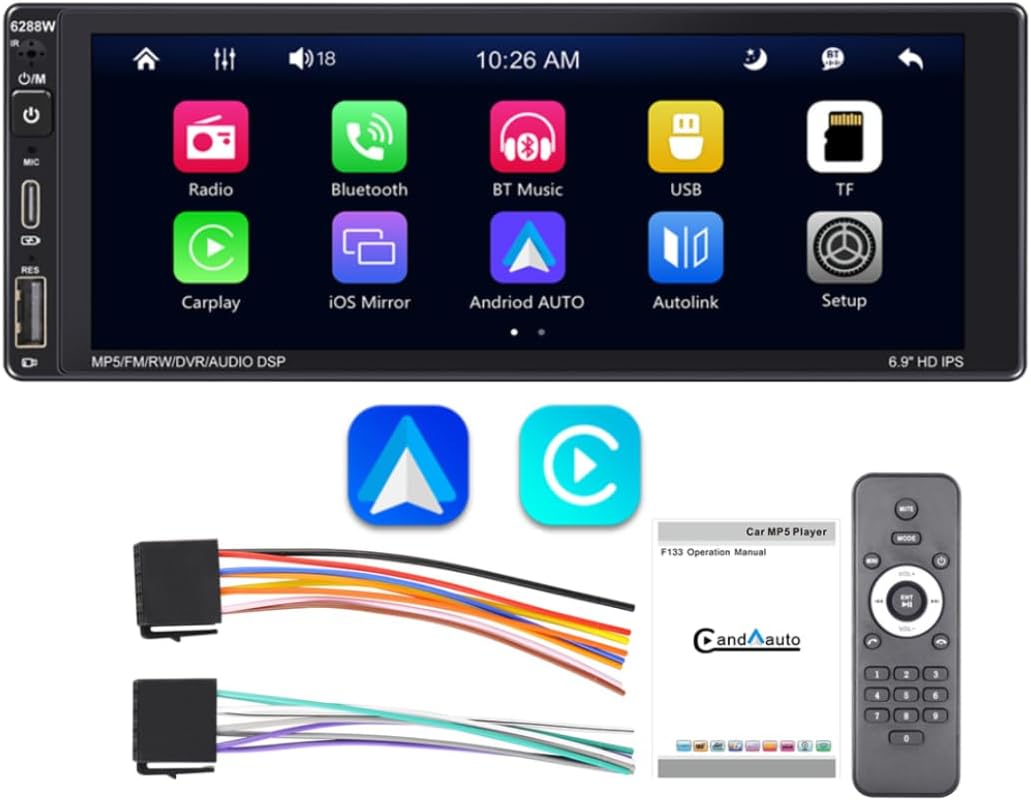 1Din Car Radio Wireless Carplay & Android Auto Car MP5 Player 6.9-inch IPS Touch Screen Smart Voice Mirror Link Car Stereo with Bluetooth/FM/RDS/AM/USB Type-C