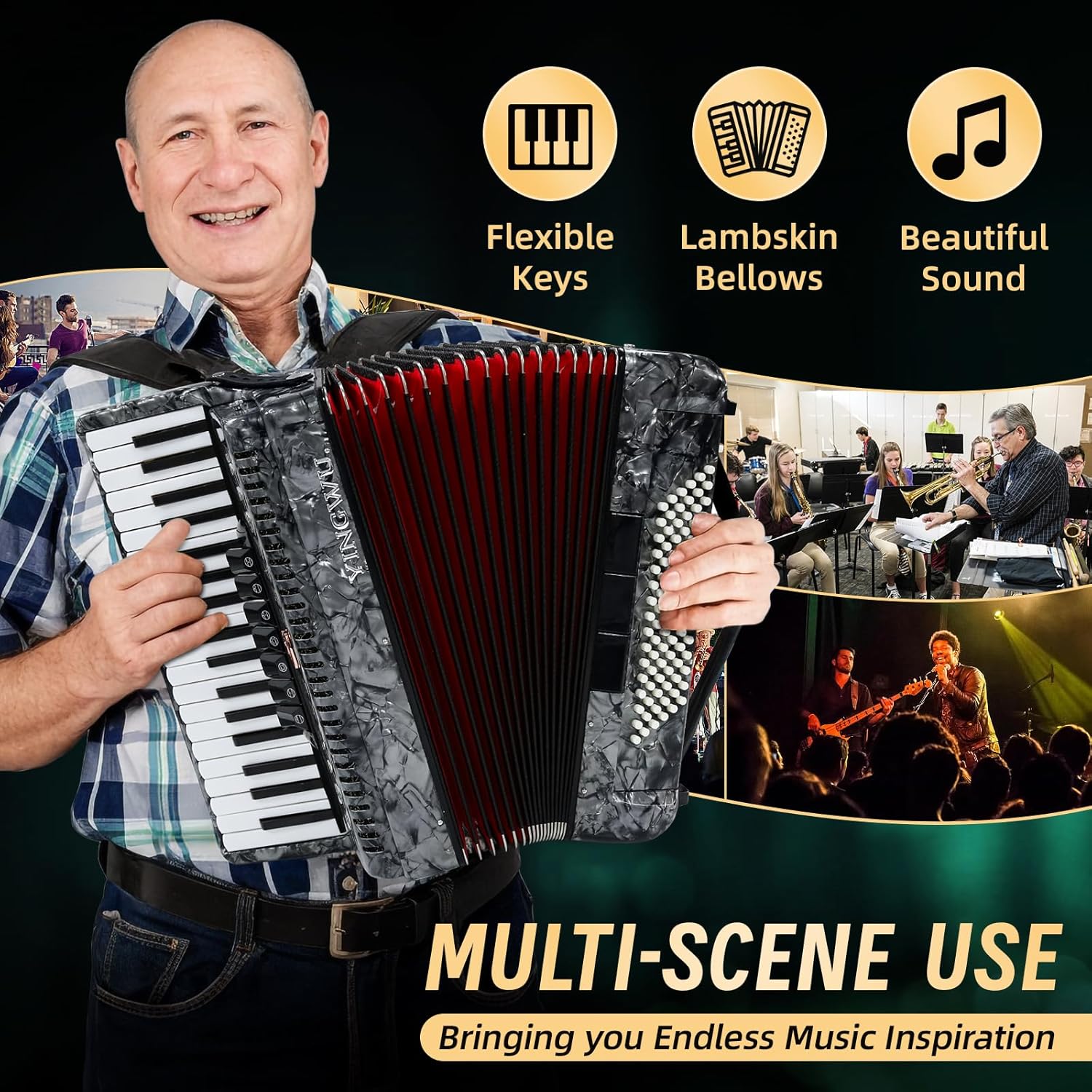 Accordion, 37 Keys 96 Bass Professional Accordion for Beginners and Advanced Players with Backpack and Strap (Gray)