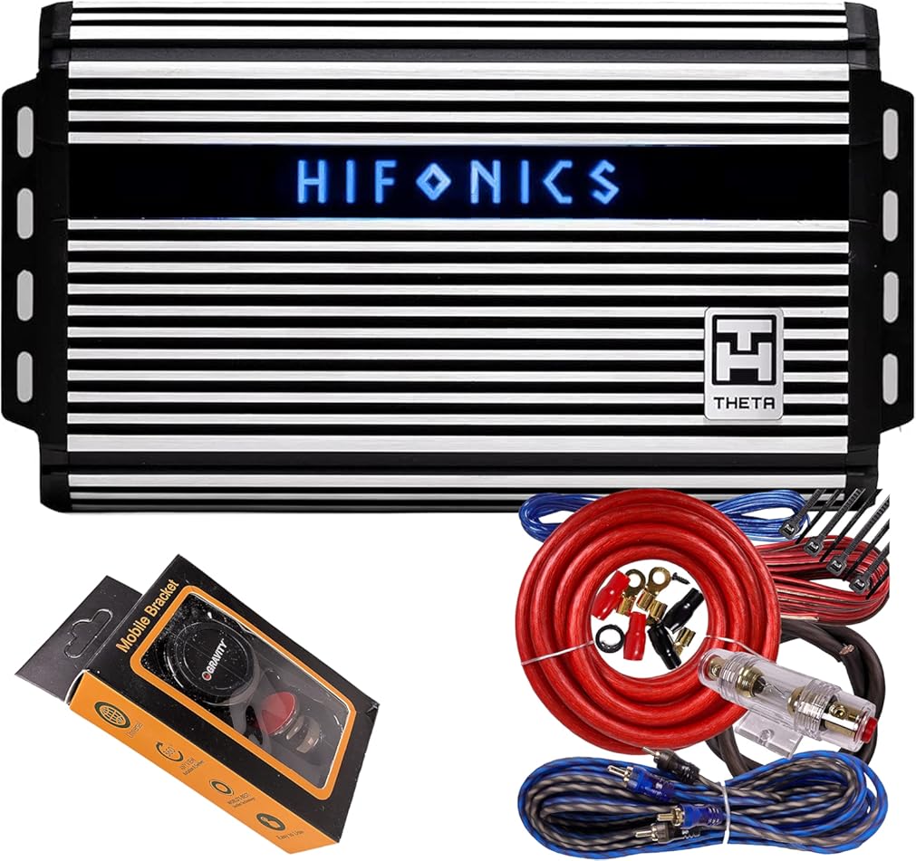Hifonics ZTH-1525.1D Zeus Theta Compact Mono Channel Car Audio Amplifier (Silver) – Class D Amp, 1500-Watt Bass Remote Included with Gravity Phone Holder and 4 Gauge Amp Kit Red Bundle
