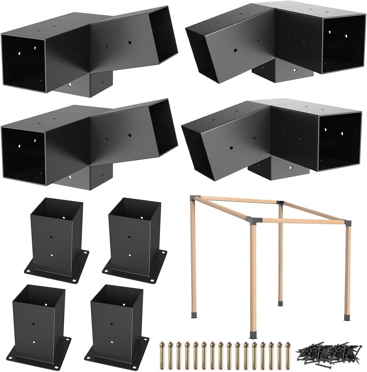 8PCS 15° Slanted Roof Pergola Brackets, 3-Way Roof Wall Mount Extension Pergola Kit, 4''x4'' Wood Post Base Bracket, Corner Bracket for Gazebos, Patio Pergolas, Log Cabin