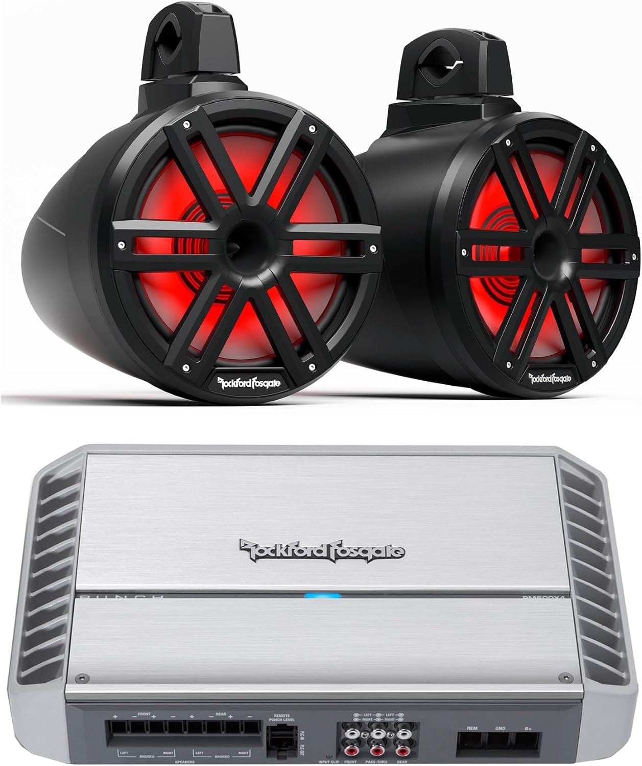 Rockford Fosgate 1 Pair M2WL-10HB 10-Inch Black Color Optix™ 2-Way Horn Loaded Tower Speakers with PM600X4 4 Channel Marine Amplifier