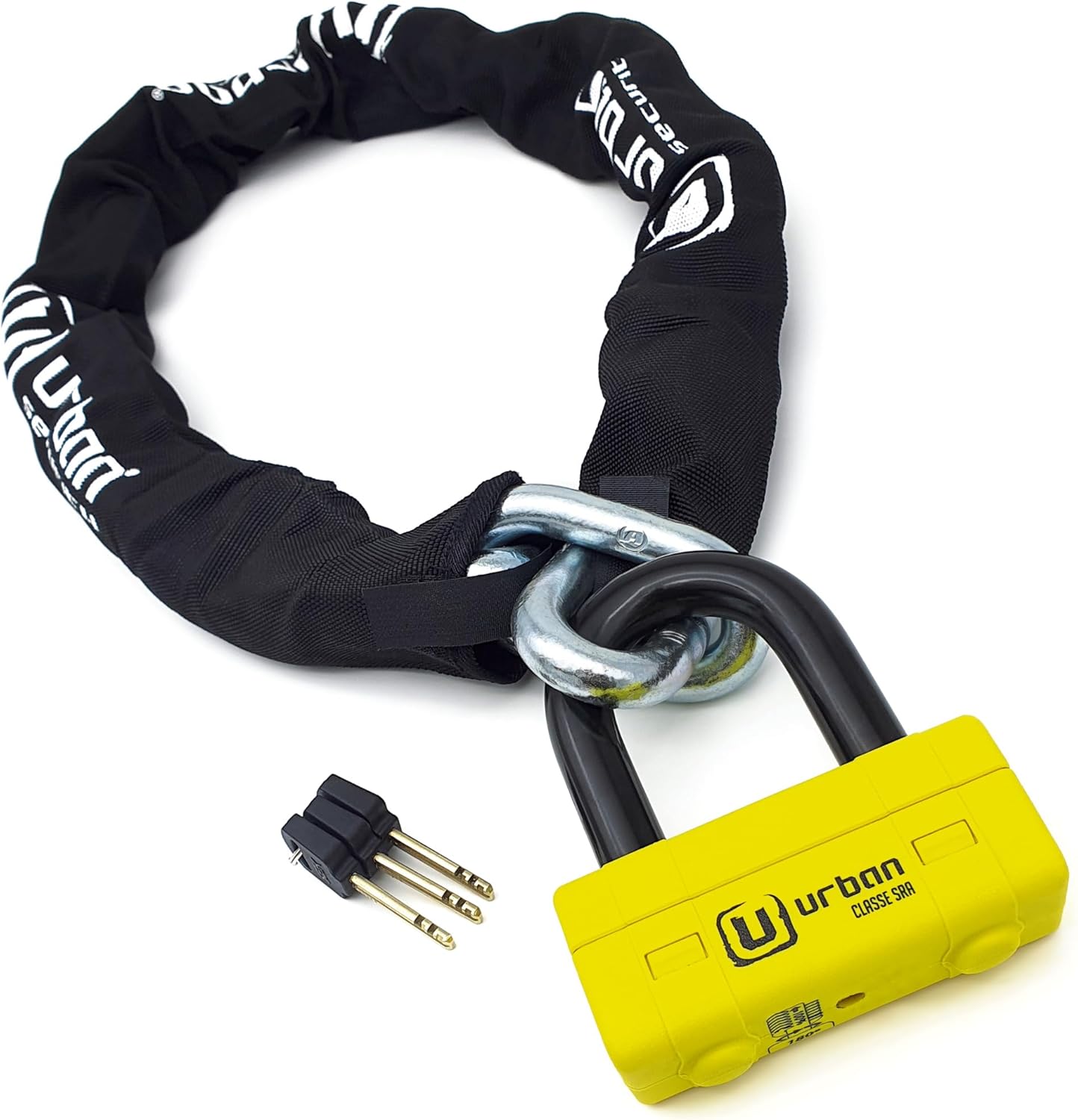 Urban UR75100 Motorcycle Chain Lock, SRA High Security Certification, Hardened Steel Links ø15mm/0.59in, Double Locking Mini U Padlock, Anti-Pick Anti-Drill Lock, 100cm/3,3ft for Garage Anchor Bike