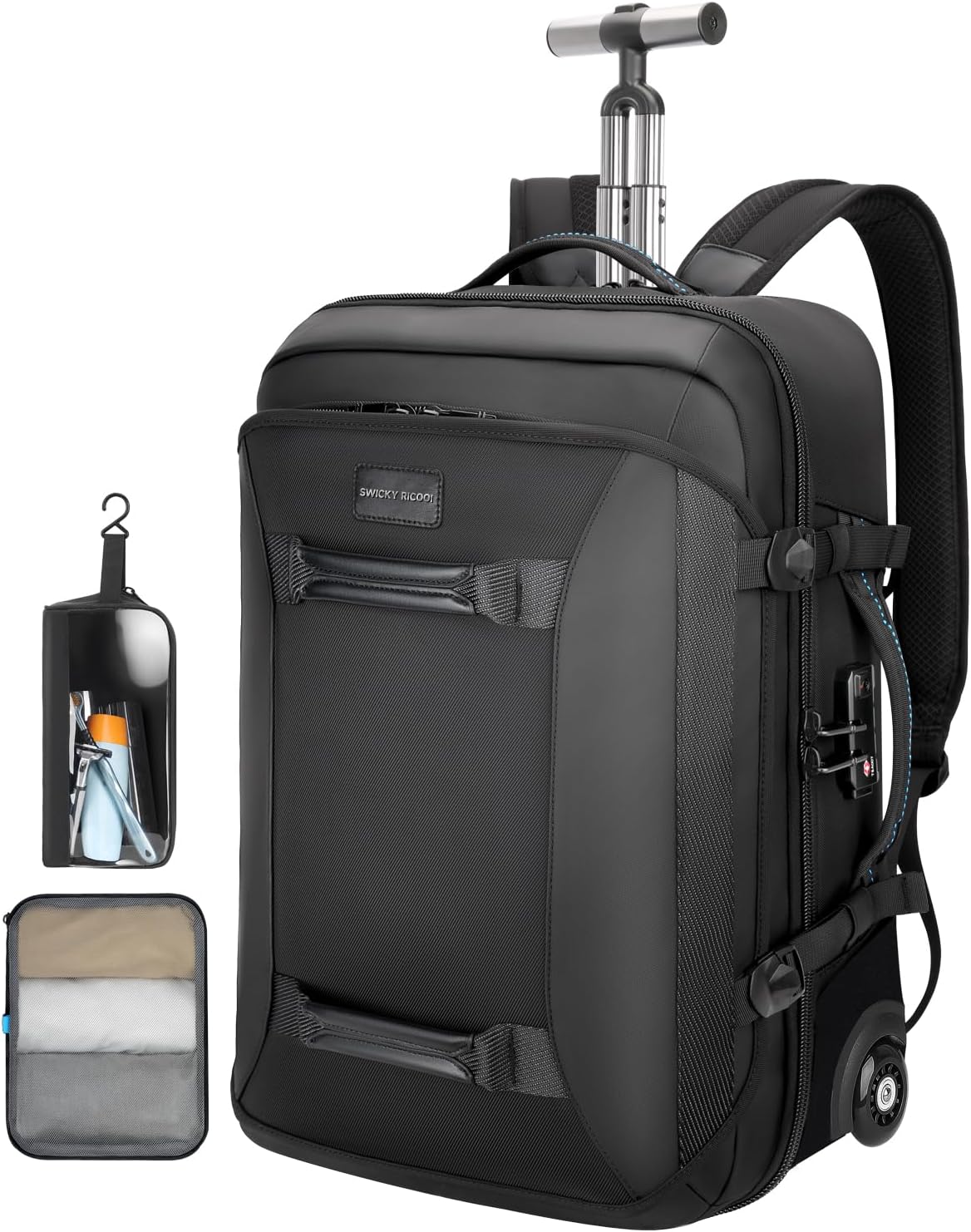 Backpack with wheels,Rolling laptop backpack with 2 Packing Cubes,Water-Resistant,Wheeled backpack Suitcase for Men Adults to Travel, Commuting,Black