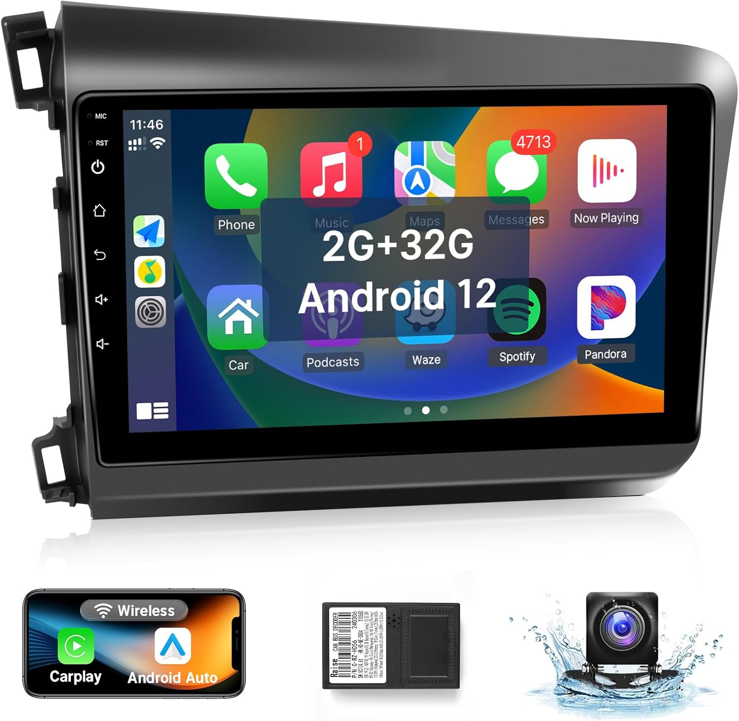Leadfan Android Car Stereo for Honda Civic 2012 Radio Upgrade with 9'' Touch Screen Carplay Android Auto in-Dash GPS Navigation WiFi Bluetooth Unit Backup Camera Voice Control antalla 2+32G