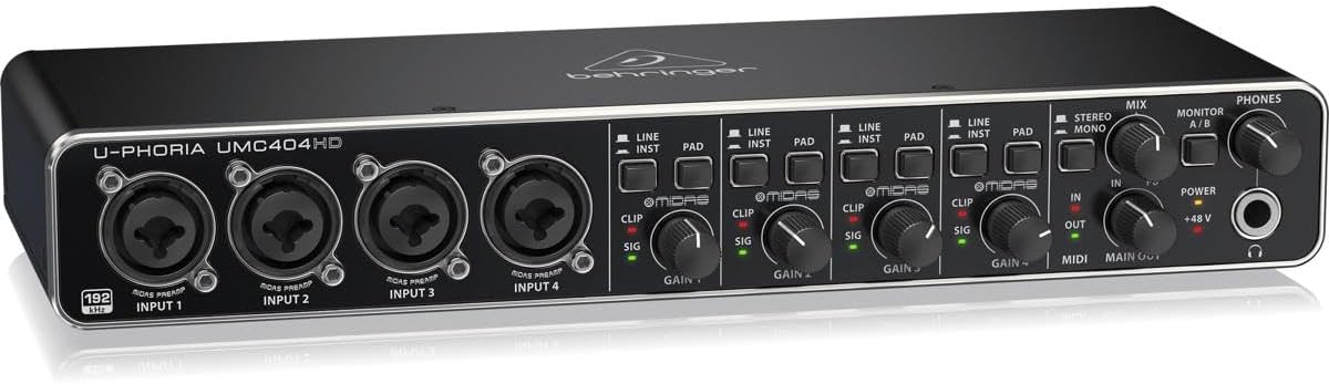 Behringer U-PHORIA UMC404HD Audiophile 4x4, 24-Bit/192 kHz USB Audio/MIDI Interface with Midas Mic Preamplifiers