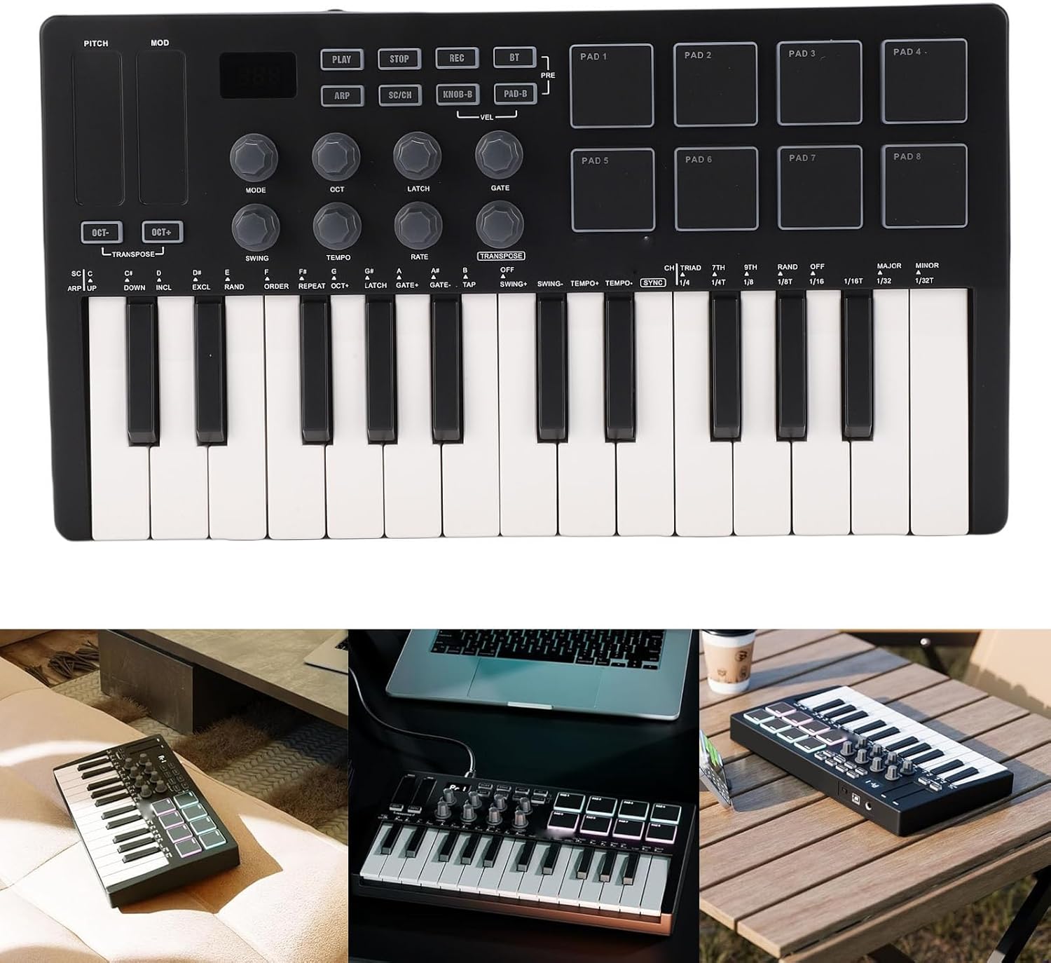 Focket MIDI Keyboard, 25 Force Sensing Keys 8 RGB Backlit Pads 8 Knobs 2 Touch Strips with Wireless Connectivit for Music Production Live FL Studio Cubase Logic Pro X