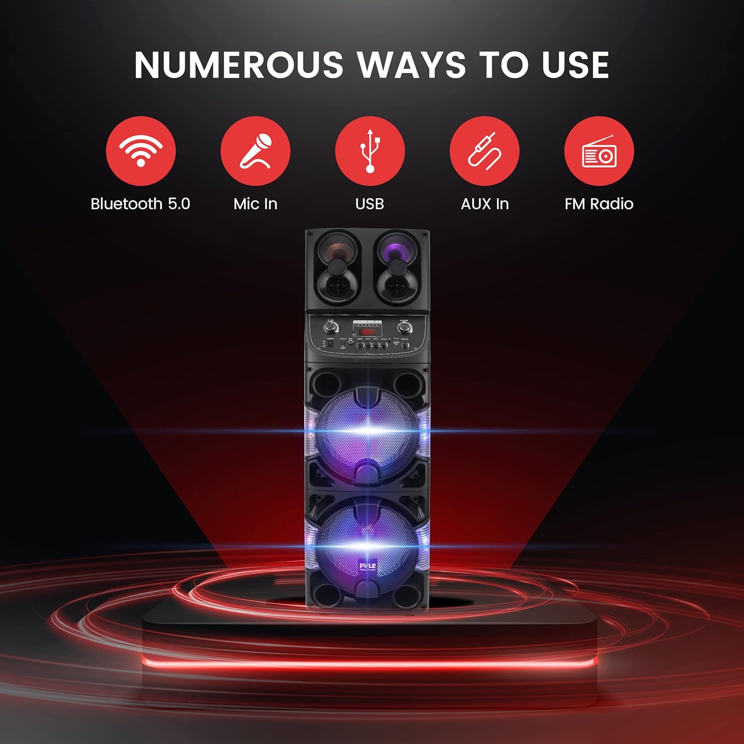 Pyle Portable Bluetooth PA Speaker - 600W Dual 10” Rechargeable Indoor/Outdoor BT Karaoke Audio System -LED Display, FM/AUX/MP3/USB/SD, 1/4