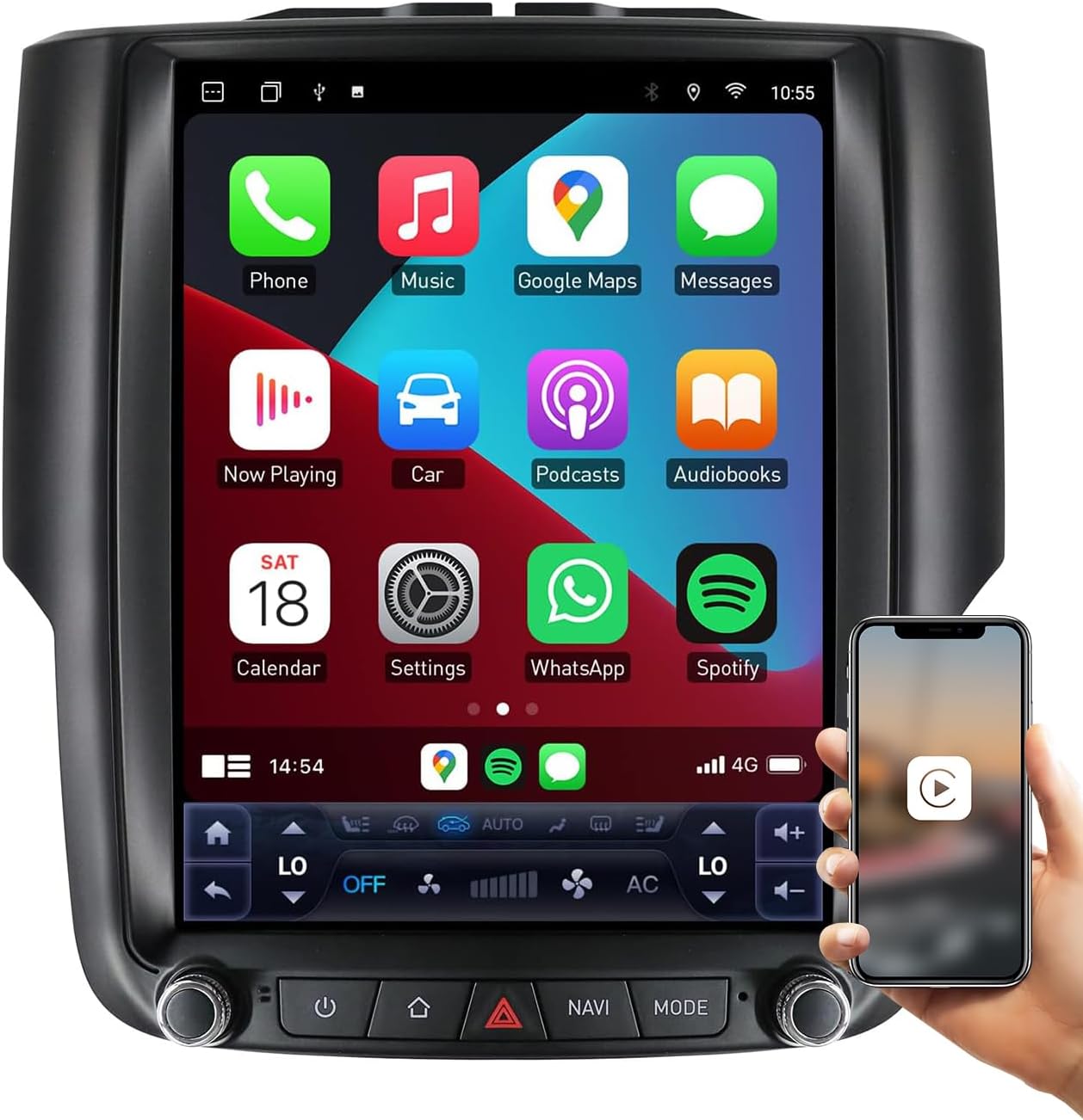 for Dodge Ram 1500 2500 2013-2018 Manual A/C Car Stereo Radio, 4G+64G GPS Navigation Upgrade with 10.4 inch IPS Touch Screen with Wireless Carplay/Android Auto/Bluetooth/DSP WiFi Backup Camera