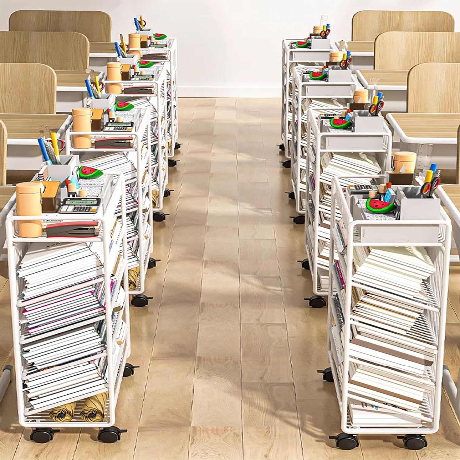 Metal Vertical Bookshelf with Wheels, Bookcase with Storage Organizer, Corner Bookcase Floor Standing Book Shelf for Living Room, Bedroom & Home Office(White)