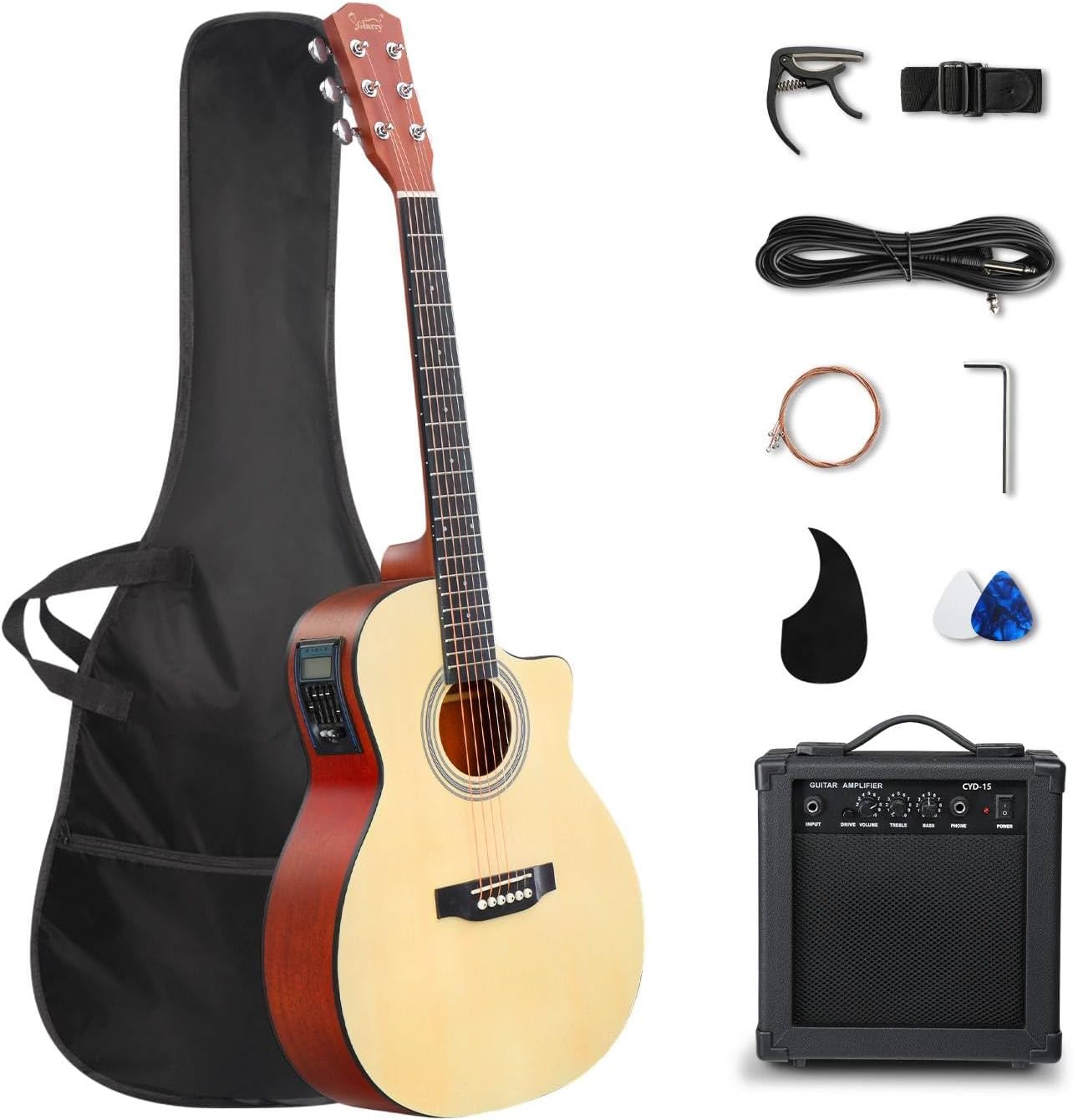 GLARRY 36in Acoustic Electric Guitar Beginner Kit with 15W Amp, 5-band EQ Cutway Design 6 Strings Electric Acoustic Guitar with Bag, Strap, Picks, Strings, Wrench (Natrual)