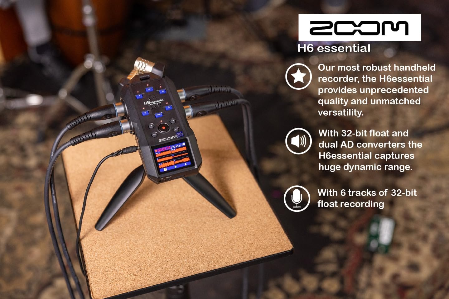 Zoom H6essential 6-Track 32-Bit Float Portable Audio Recorder Bundle With Zoom ZDM-1 Podcast Mic Pack with Headphones, Windscreen, XLR Cable and Tabletop Stand