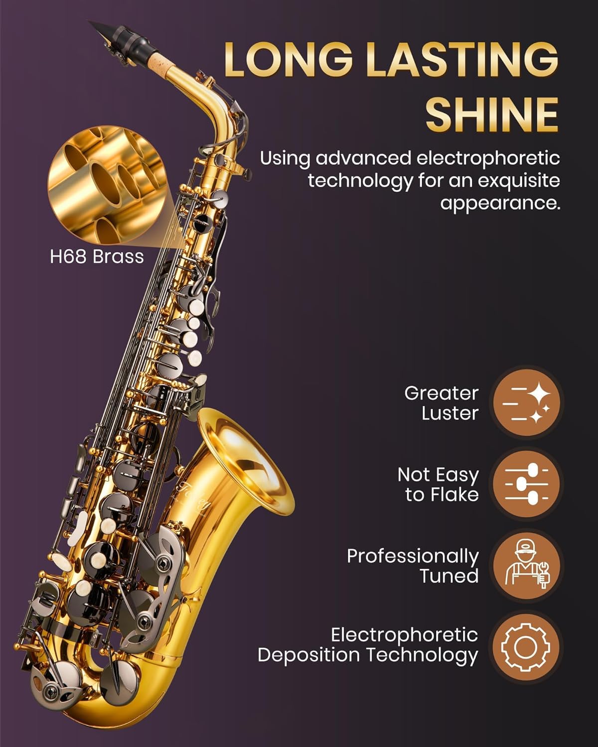 Fesley Saxophone E Flat Alto Saxophone: Saxofón Alto for Professional, Sax for Beginners & Students, Saxophones with Reeds, Neck Strap, Sax Case & Portable Cleaning Kit, Black & Gold