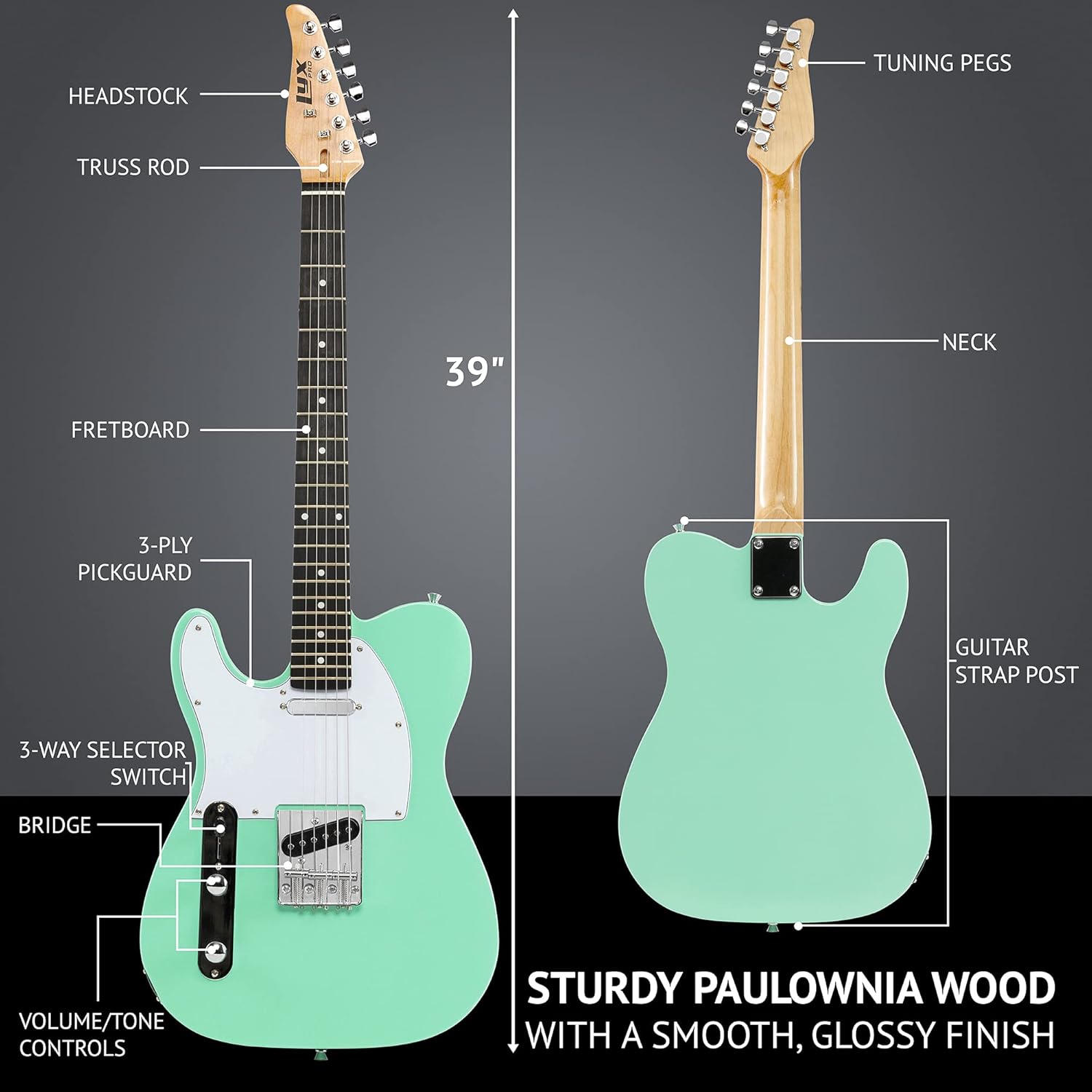 LyxPro 39” Electric Guitar Left Hand TL Series, Full-Size Paulownia Wood Body, 3-Ply Pickguard, C-Shape Neck, Ashtray Bridge, Quality Gear Tuners, 3-Way Switch & Volume/Tone Controls, 2 Picks, Green