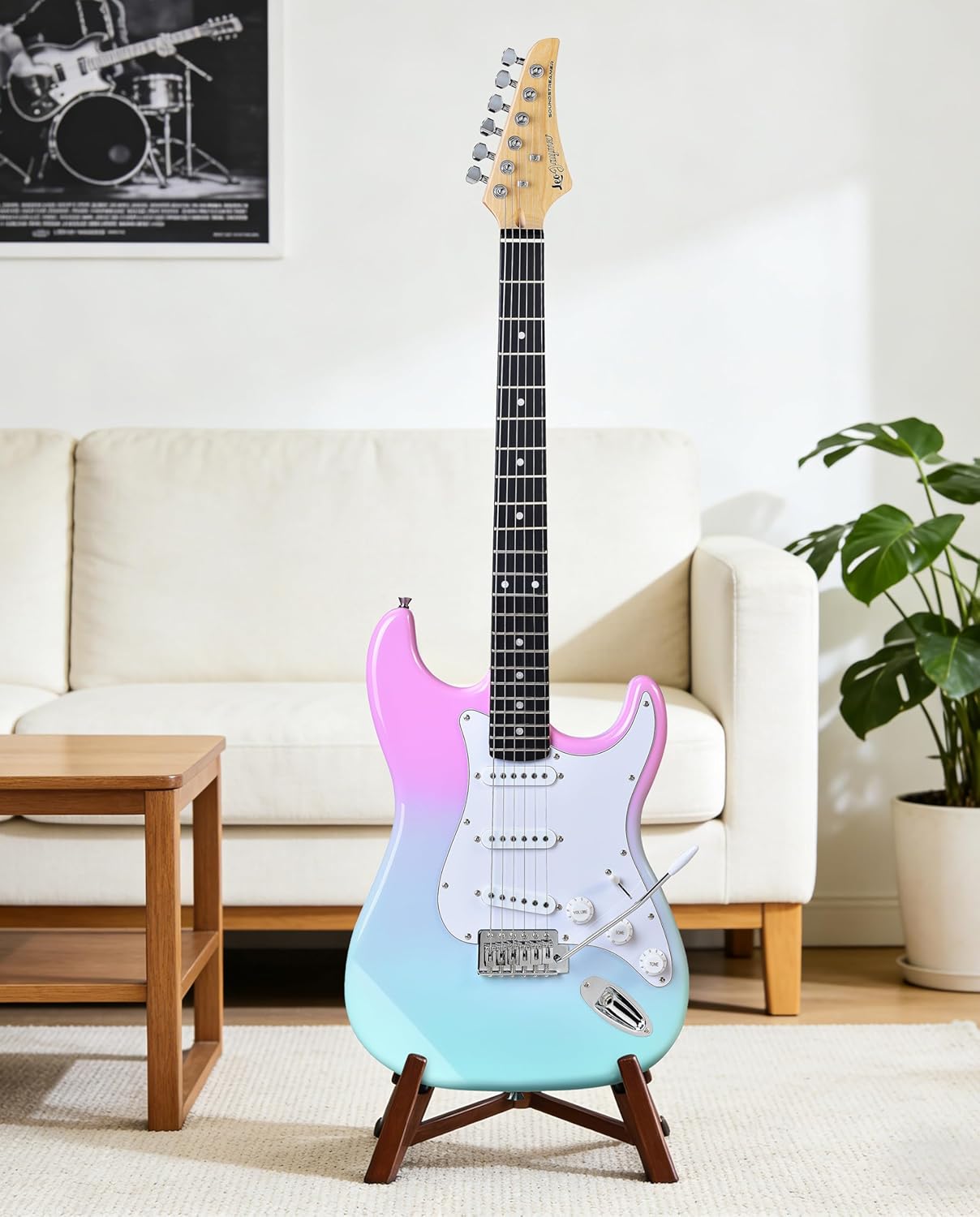 Leo Jaymz Beginner Electric Guitar Complete Kit with Portable Amp, Padded Gig Bag & Full Accessories, Maple Neck SSS Pickups(Pink-Cyan Fade)