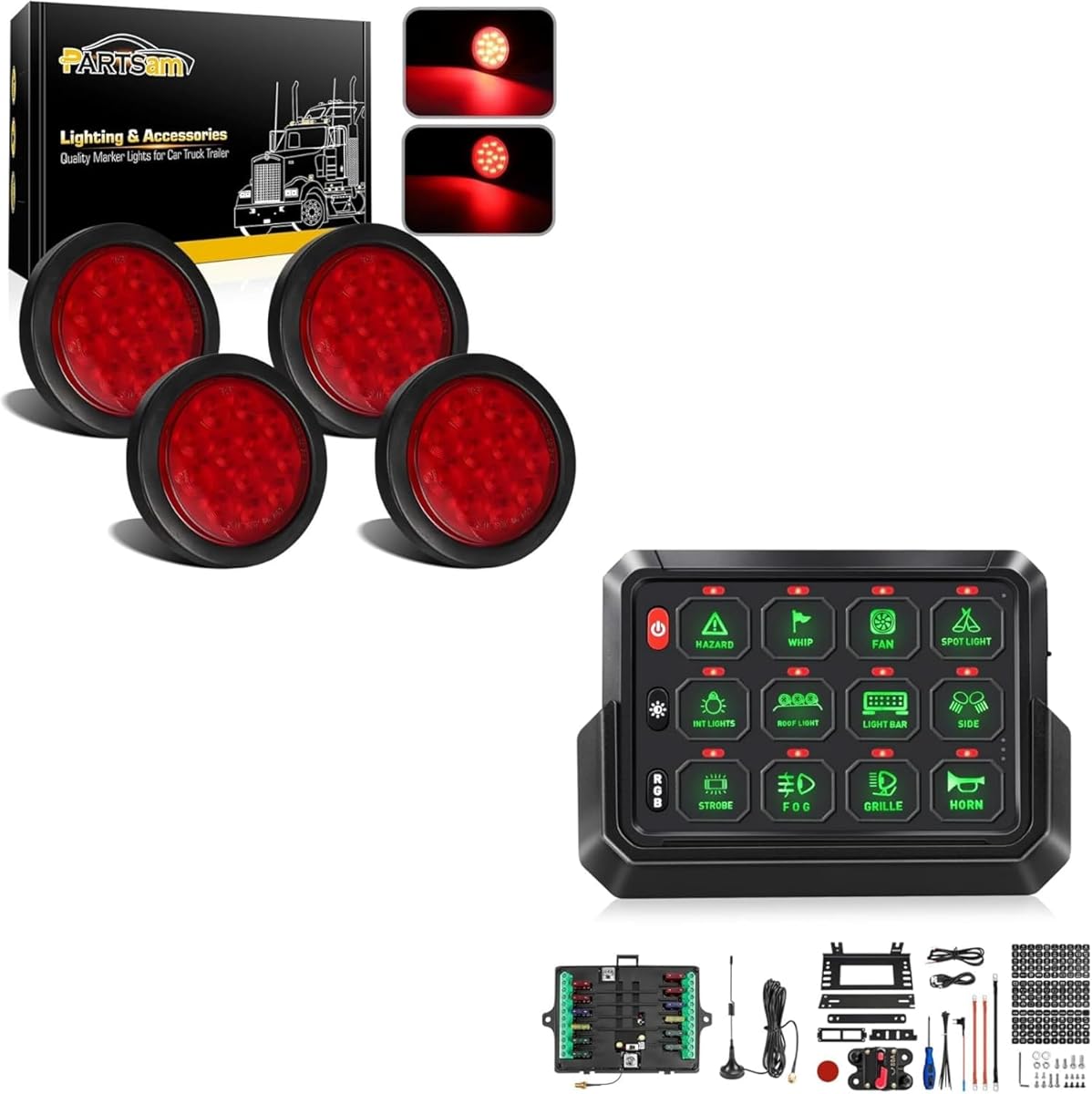 Partsam Round Led Trailer Tail Lights Kit Red+Wireless RGB 12 Gang Switch Panel