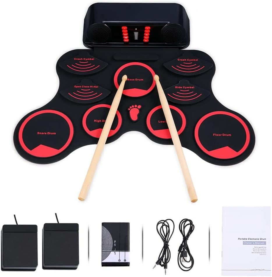 Portable Electronic Drum Set Digital Foldable MIDI Kit 9 Silicon Durm Pads Built-in Stereo Speakers (Color : As Shown, Size : One Size)