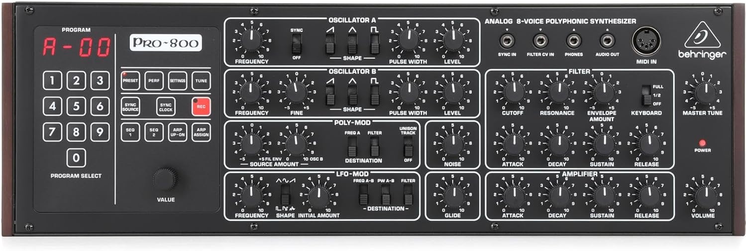 Behringer PRO-800 Classic Analog 8-Voice Polyphonic Synthesizer with 2 VCOs, Classic VCF, Arpeggiator, Sequencer and 400 Program Memories in Eurorack Format