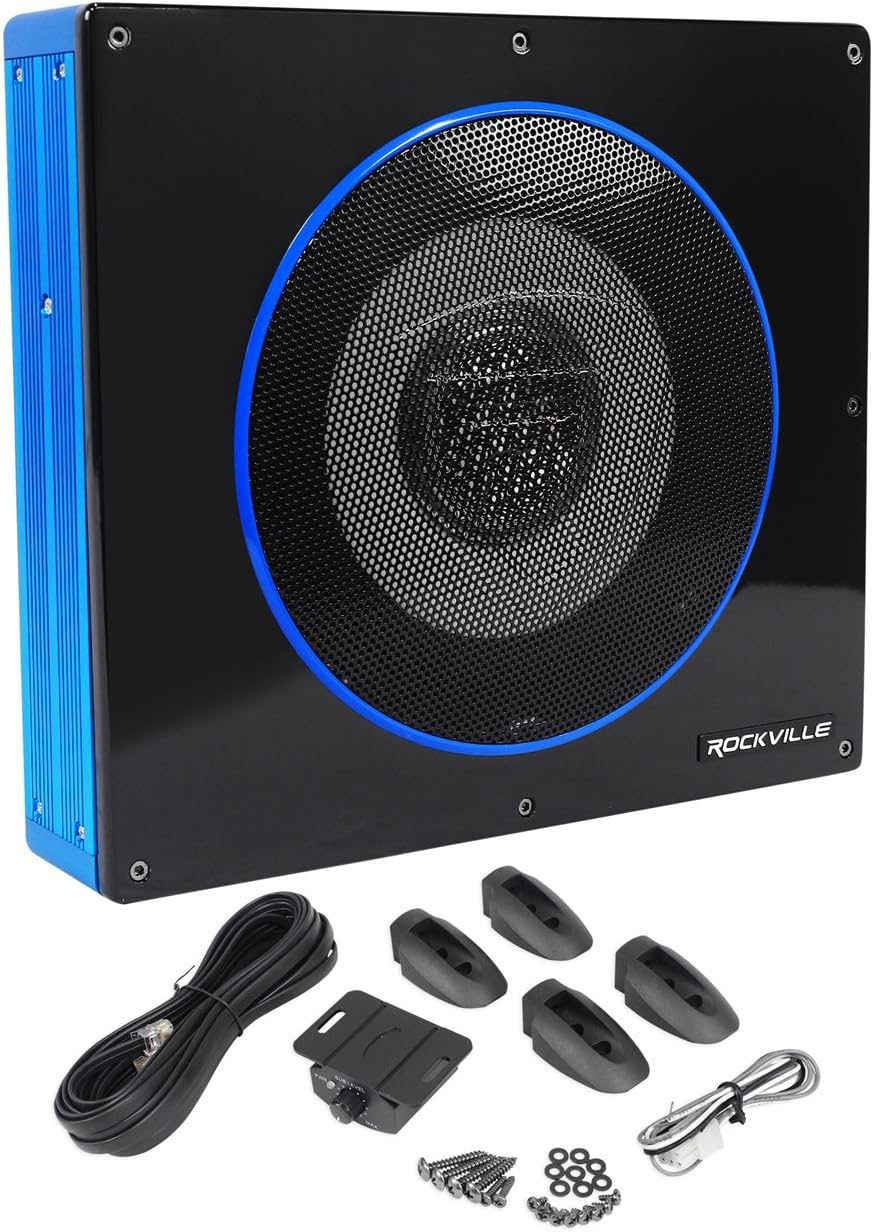 Rockville RW8CA 600W Low Profile Under-Seat Active Car Subwoofer, 2 Ohm, Deep Bass, Slim Design, Easy Install, Perfect for Car Audio Enthusiasts