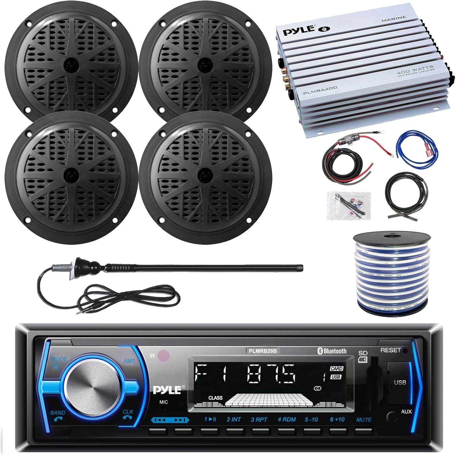 21-29' Pontoon Boat Audio Bundle: Pyle Single DIN Bluetooth Marine Stereo Receiver Bundle Combo with 4X 5.25'' Black Marine Speakers, 4-Channel Amplifier w/Wiring Kit, Speaker Wire, Radio Antenna
