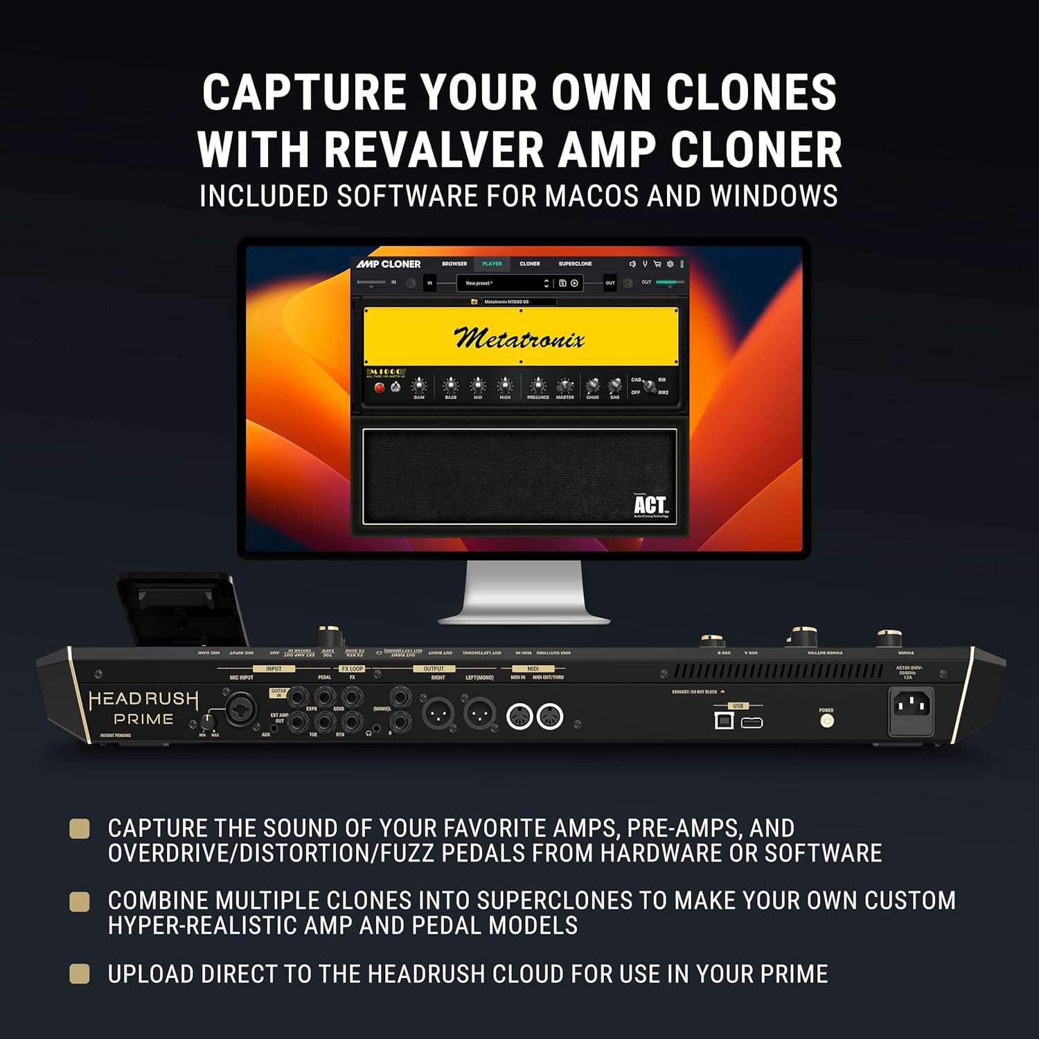 HeadRush Prime - Guitar and Vocal Multi Effects Pedal and Amp Modeling Processor with Amp Cloner, Antares Auto-Tune, WiFi, Touchscreen, Looper and Bluetooth