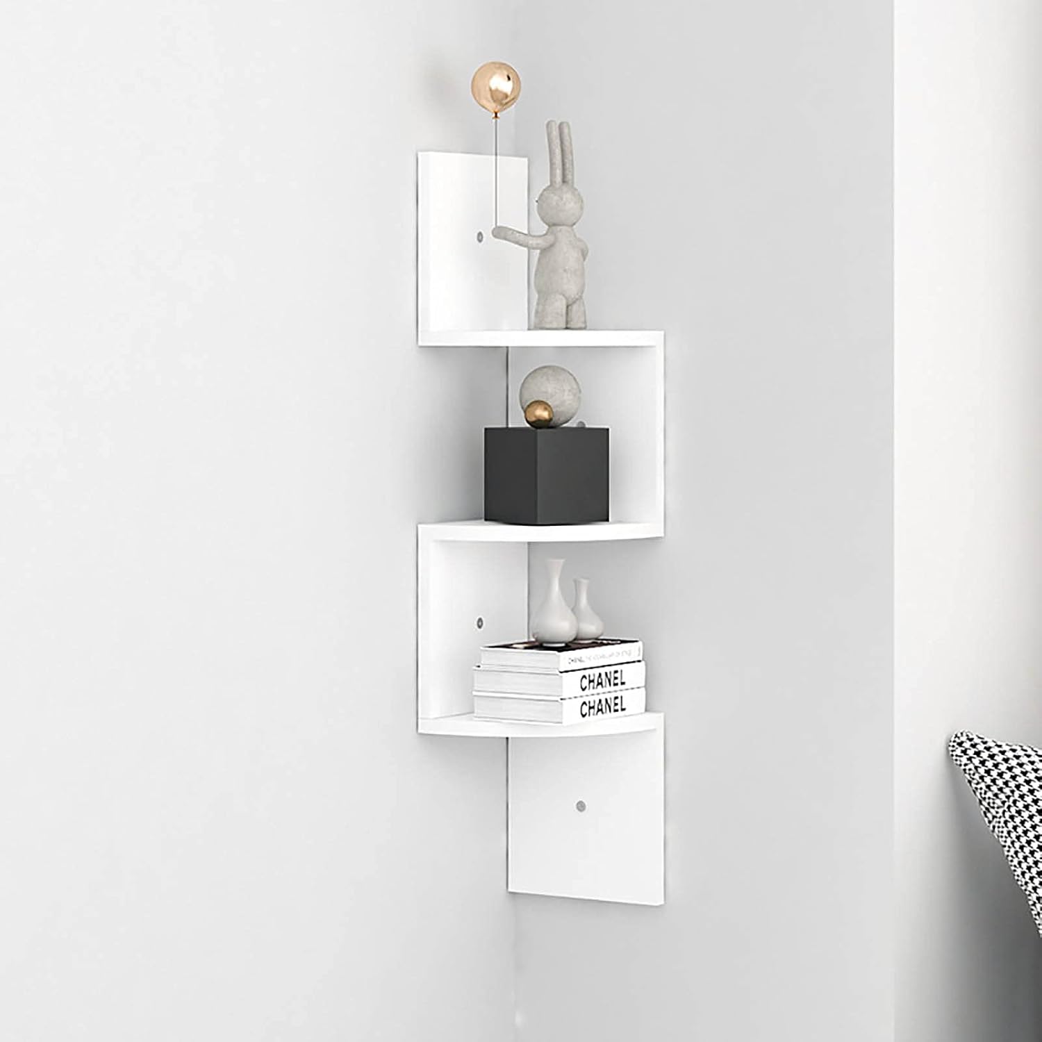 Stackable Zigzag Corner Bookshelf Display Unit for Books Plants Magazine Ornaments,5 Tier Wood Wall Mount Storage Shelf,Floating Corner Shelf Wall Shelf-White 3 Tier