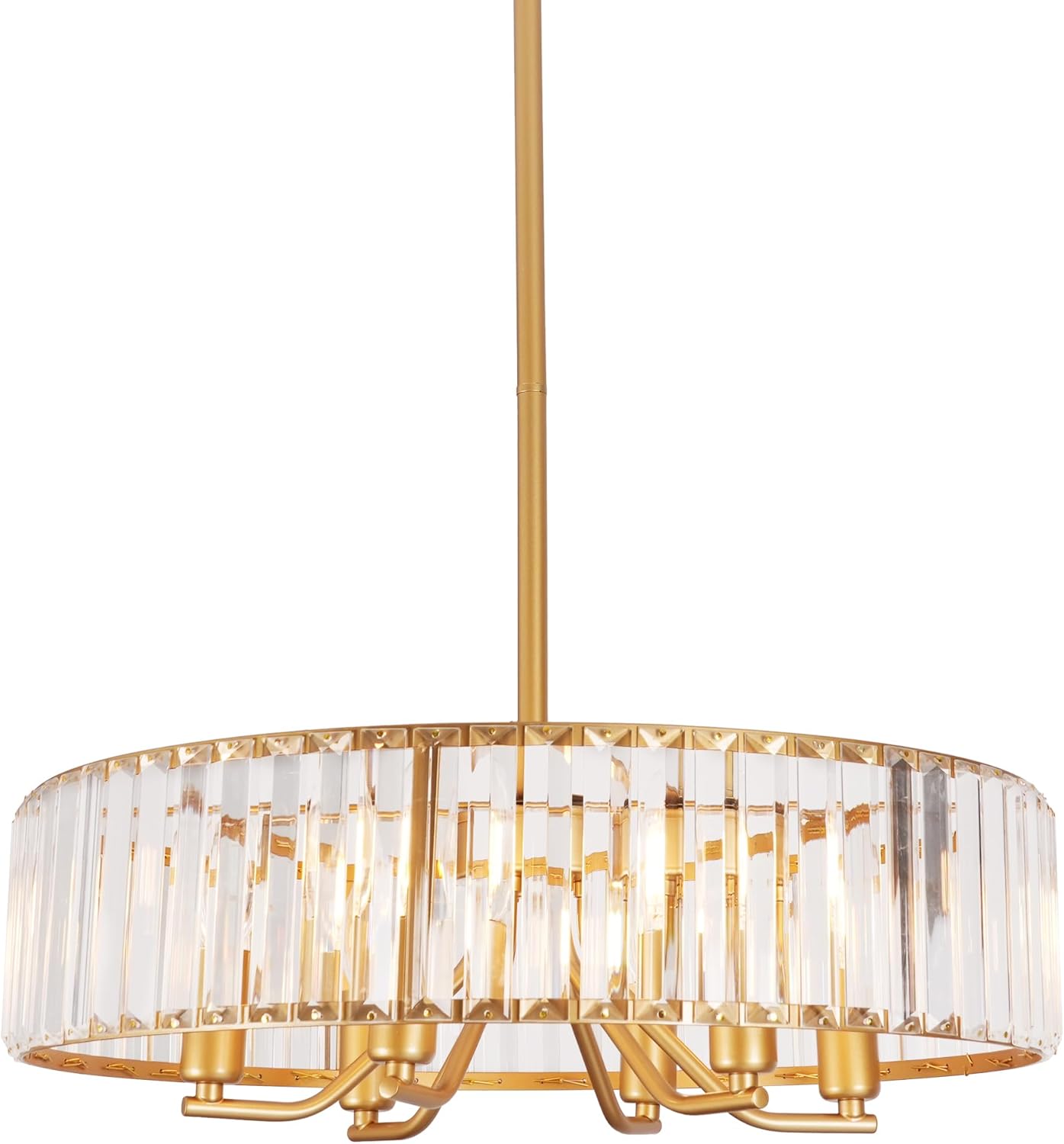 Gold Crystal Chandelier for Dining Room, 6-Light Modern Semi Flush Mount Chandelier Lighting Fixtures, Round Kitchen Hanging Drum Pendant Lights Ceiling for Bedroom Entryway Foyer, E12 Base, 19.7 Inch