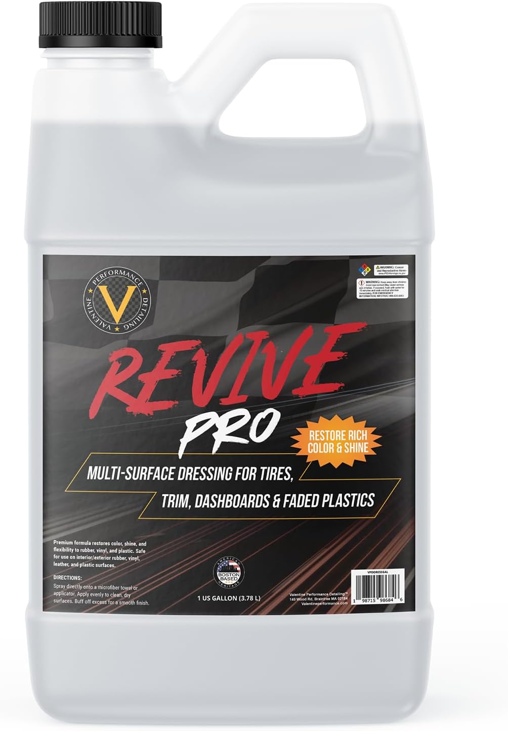 VPD Multi-Surface Tire Dressing & Plastic Restorer 1 Gallon Revive Pro – Tire Shine for Rubber, Vinyl, Trim & Dash, Satin Finish, No Greasy Residue, UV Protection for Faded Exterior & Interior Panels