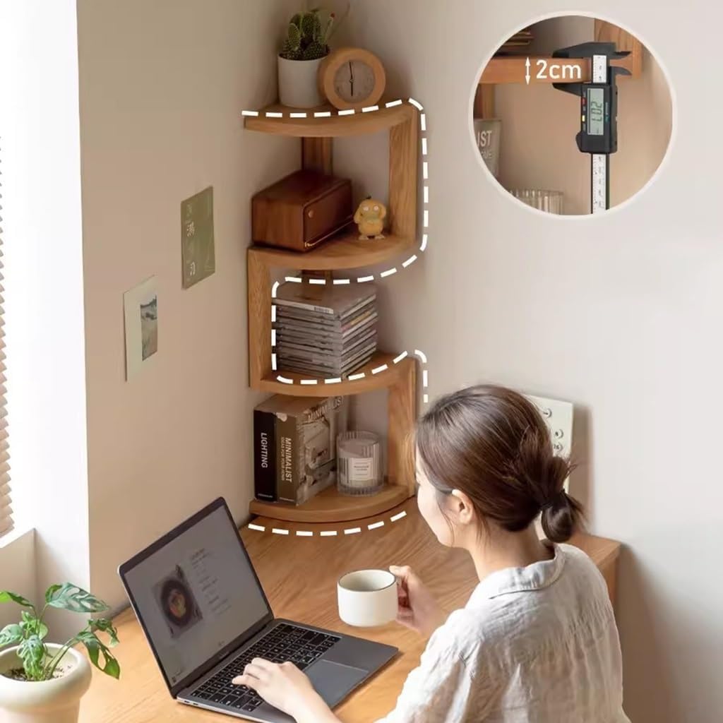 Oak Wood Corner Shelves - 4 Tier Corner Shelf Wall Mount Rustic Wooden Floating Shelves for Corner Plant Stand, Corner Bookshelf, Bedroom Living Room Bathroom Kitchen Office Apartment Decor