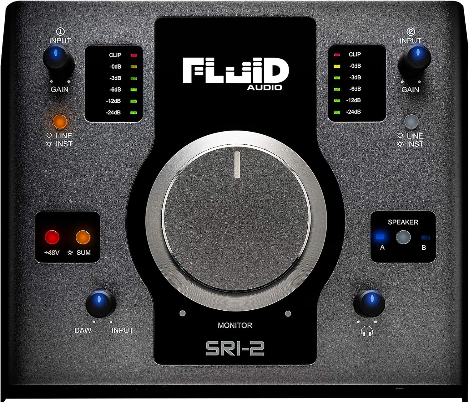 Fluid Audio SRI-2 : 2x2 USB desktop wedge w/24-bit/192kHz + 48v Phantom Power + 2X stereo monitor outputs + 2X Class A mic pres + Giant volume knob