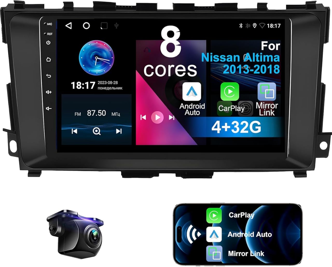 8 Core 4+32G Car Stereo for Nissan Altima 2013-2018 Support Wireless Carplay/Android Auto, 9 inch Touchscreen Car Radio Player with Bluetooth/GPS/WiFi/Back-up Camera/AM/FM/RDS, AUX, DSP, SWC