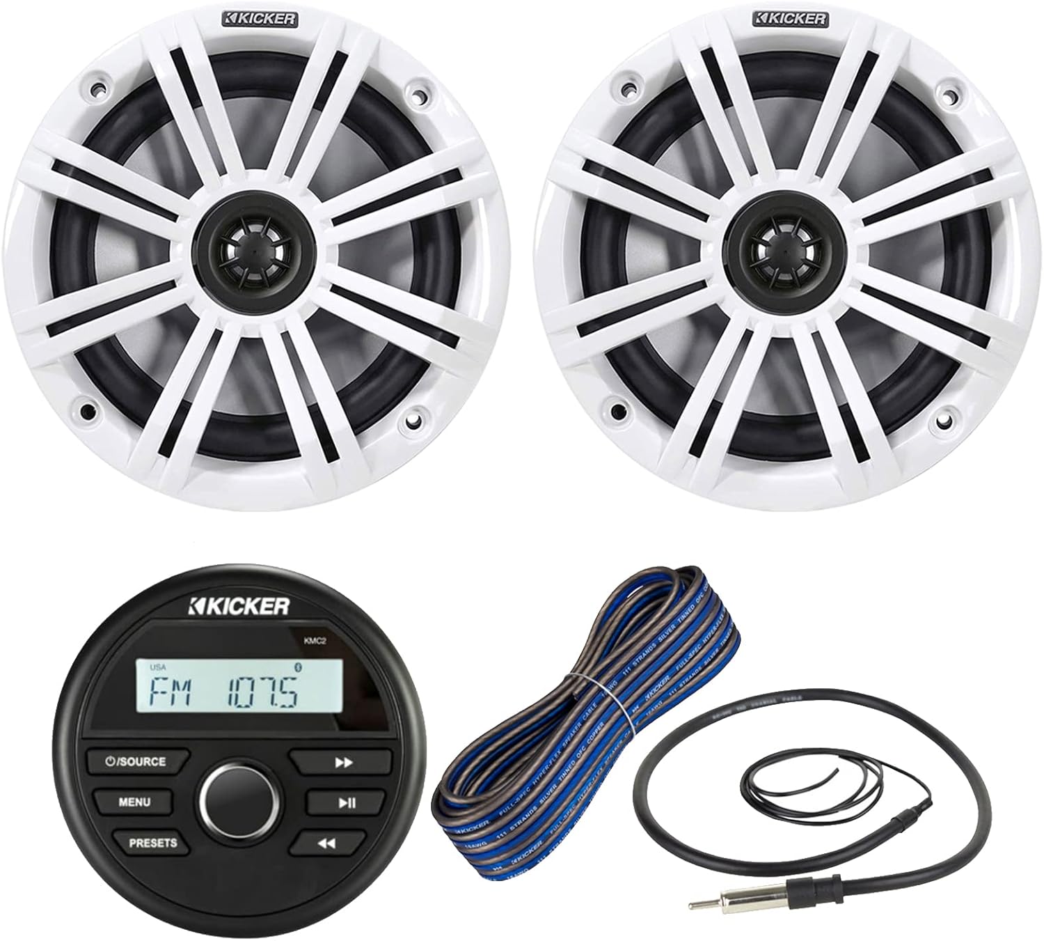 Kicker Weather-Resistant Marine Gauge Style Bluetooth USB Receiver Bundle Combo with 1 Pair (Qty 2) 6.5
