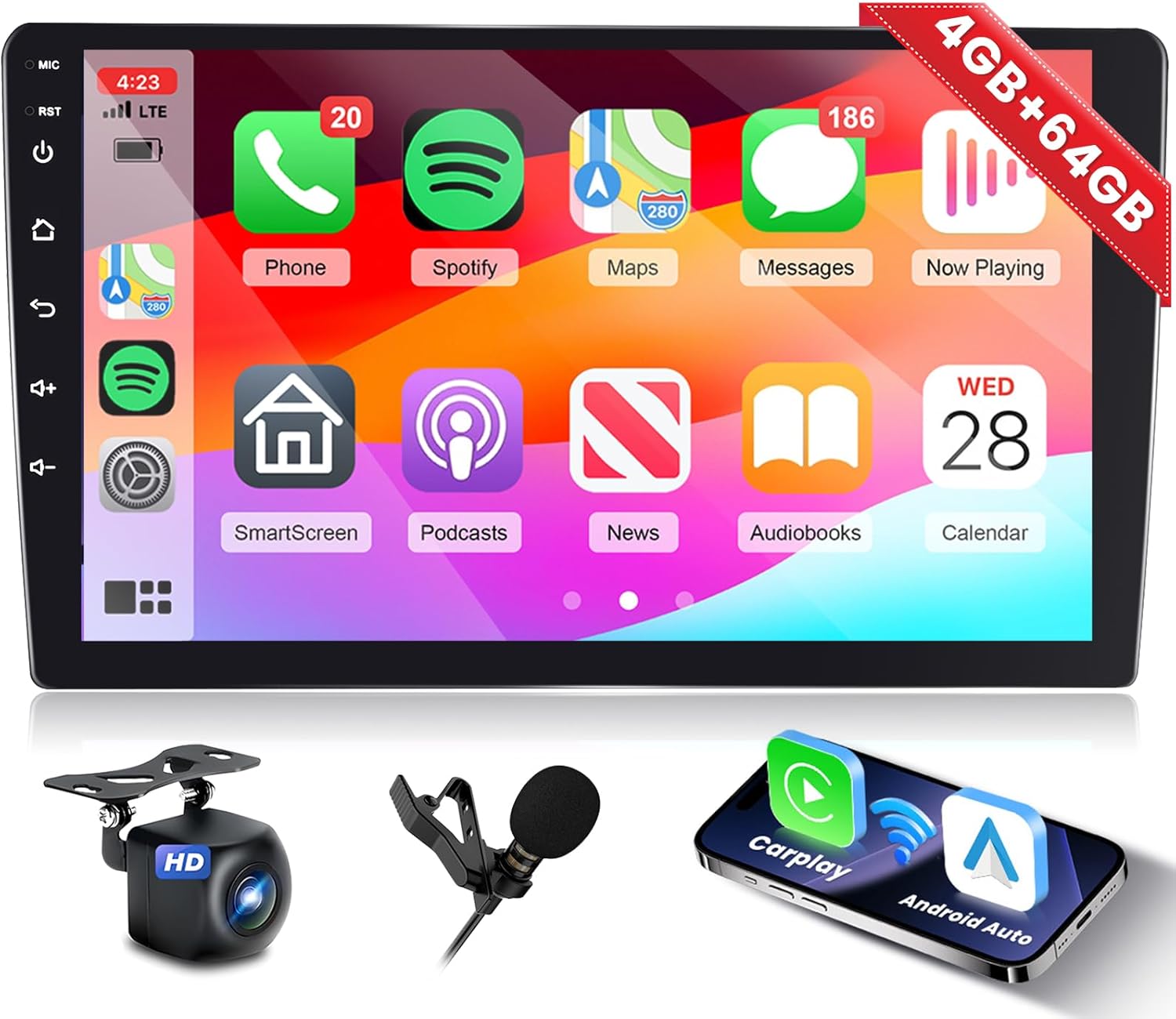 4+64G 10 Inch Android Radio Double Din Car Stereo with Wireless Carplay Android Auto,1080P Touch Screen Radio WiFi/Bluetooth/FM/SWC/Mirror Link/Backup Camera/MIC/32 EQ