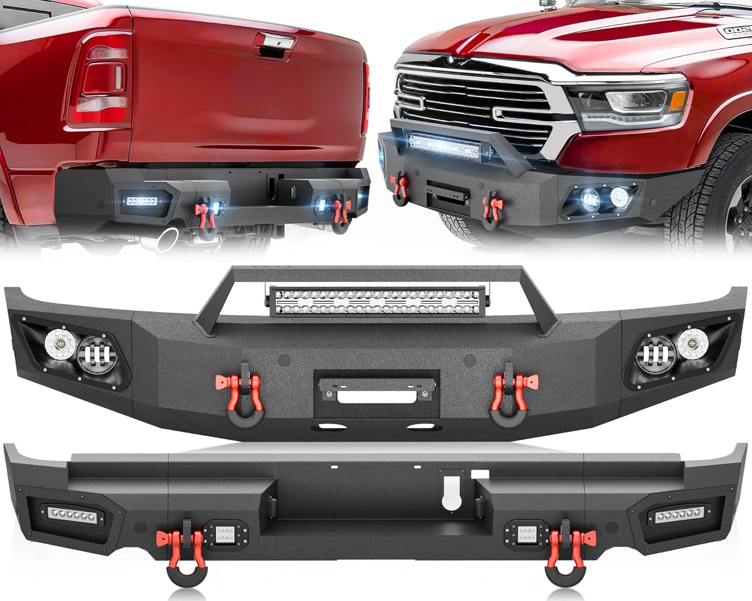 for Ram 1500 Front & Rear Bumpers Compatible with 2019 2020 2021 2022 2023 2024 Dodge Ram 1500 New Body with Winch Plate, LED Lights, Sensor Holes, License Plate Frame, Paintable Armor & D-rings