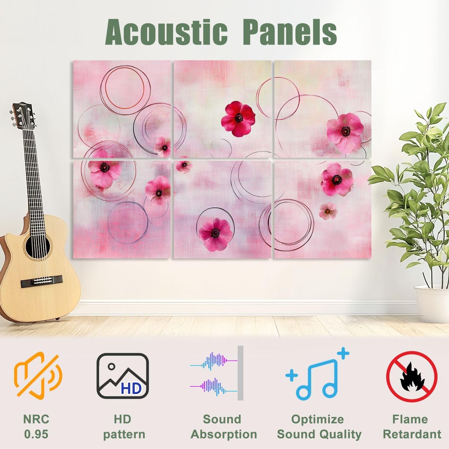 6 Pack Art Acoustic Panels Sound Absorbing Vintage Flowers Pink Rose Retro Floral Farmhouses Circular Patterns Decorative Soundproof Wall Panels Self Adhesive for Recording Studios Office 72