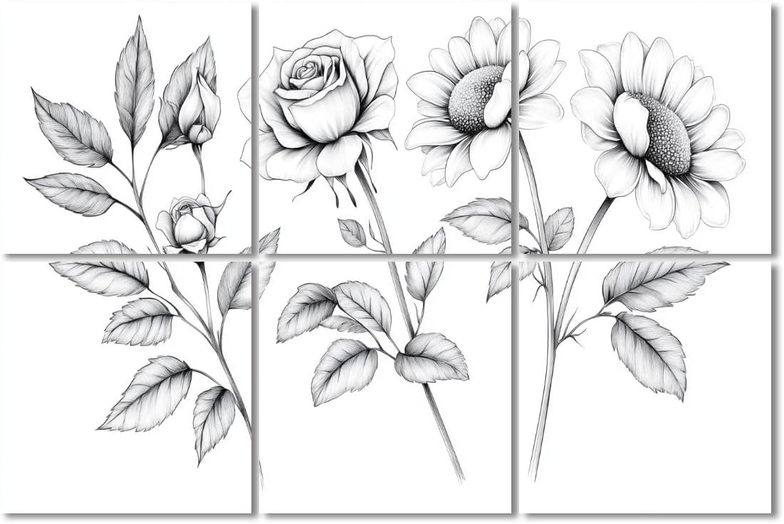 6 Pack Art Acoustic Panels Sound Absorbing Daisies Navy Flower Sunflower Leaves Stem Petals Black drawn Decorative Soundproof Wall Panels Self Adhesive for Recording Studios Office 72